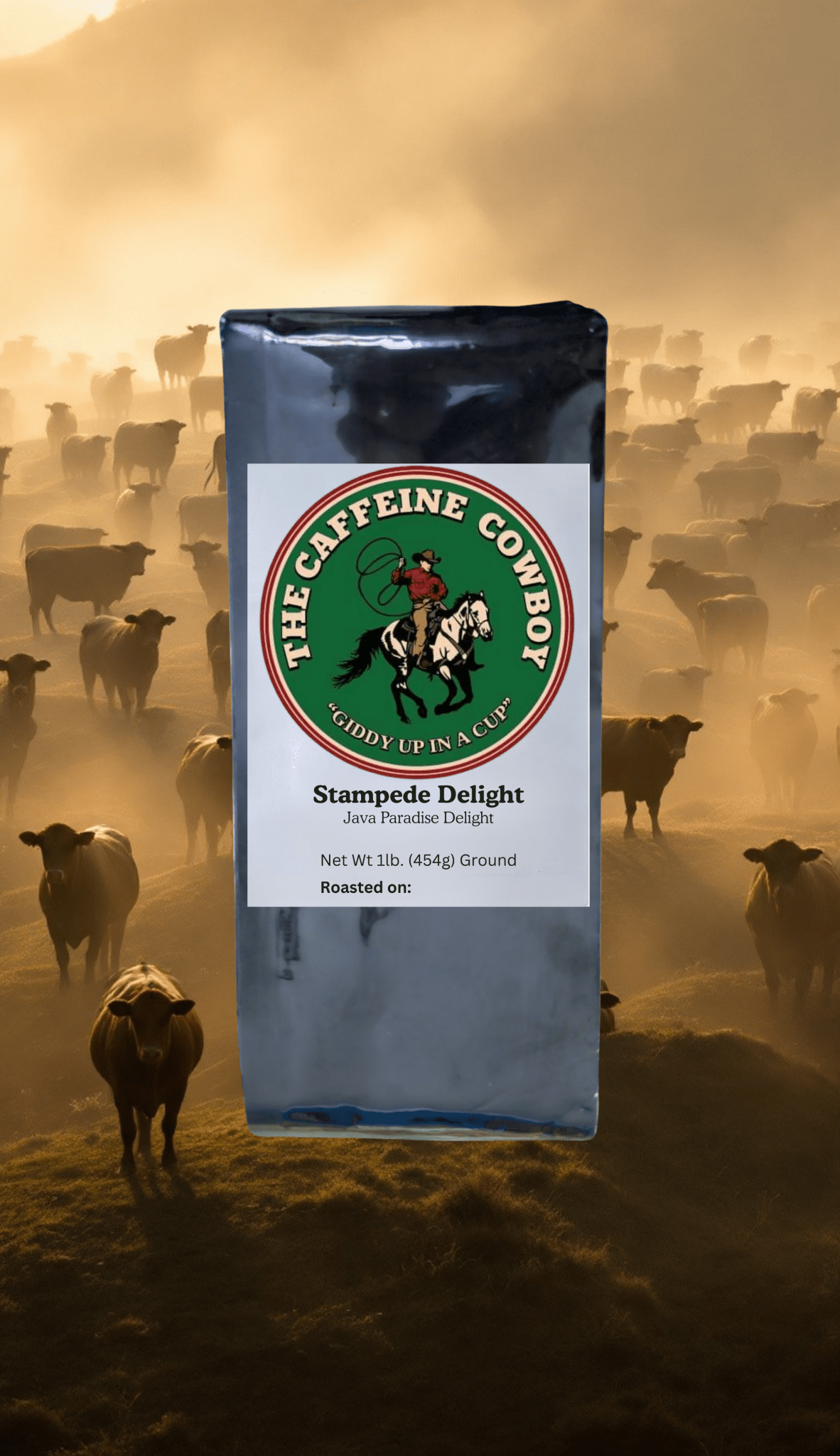 Stampede Delight Java Paradise Coffee bag with medium roast beans and smooth cocoa aroma on rustic wooden table.