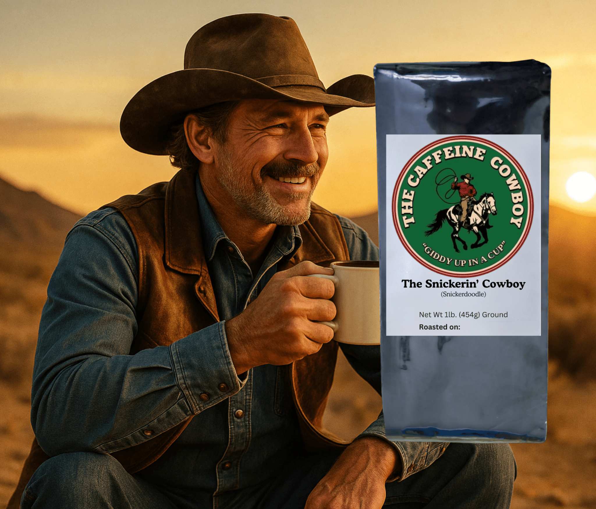 The Snickerin’ Cowboy Snickerdoodle Flavored Coffee bag with medium roast beans and warm cinnamon aroma on rustic wood.
