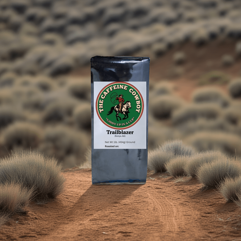 Trailblazer Kenya AA Coffee bag with medium roast beans and bright citrus aroma on rustic wooden table.