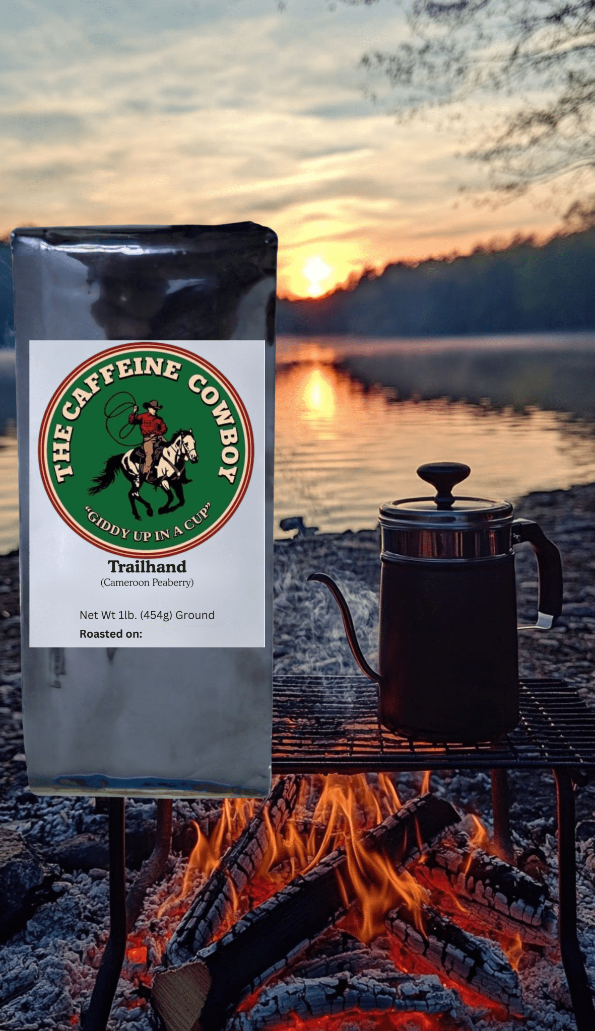 Trailhand Cameroon Peaberry Coffee bag with medium roast beans and rich chocolate aroma on rustic wood.