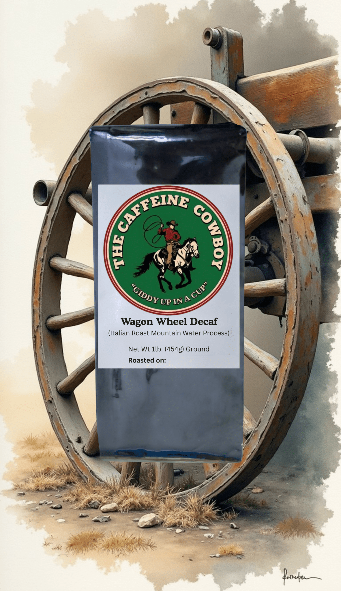Wagon Wheel Decaf Italian Roast Coffee bag with dark roast beans and smooth smoky aroma on rustic burlap.