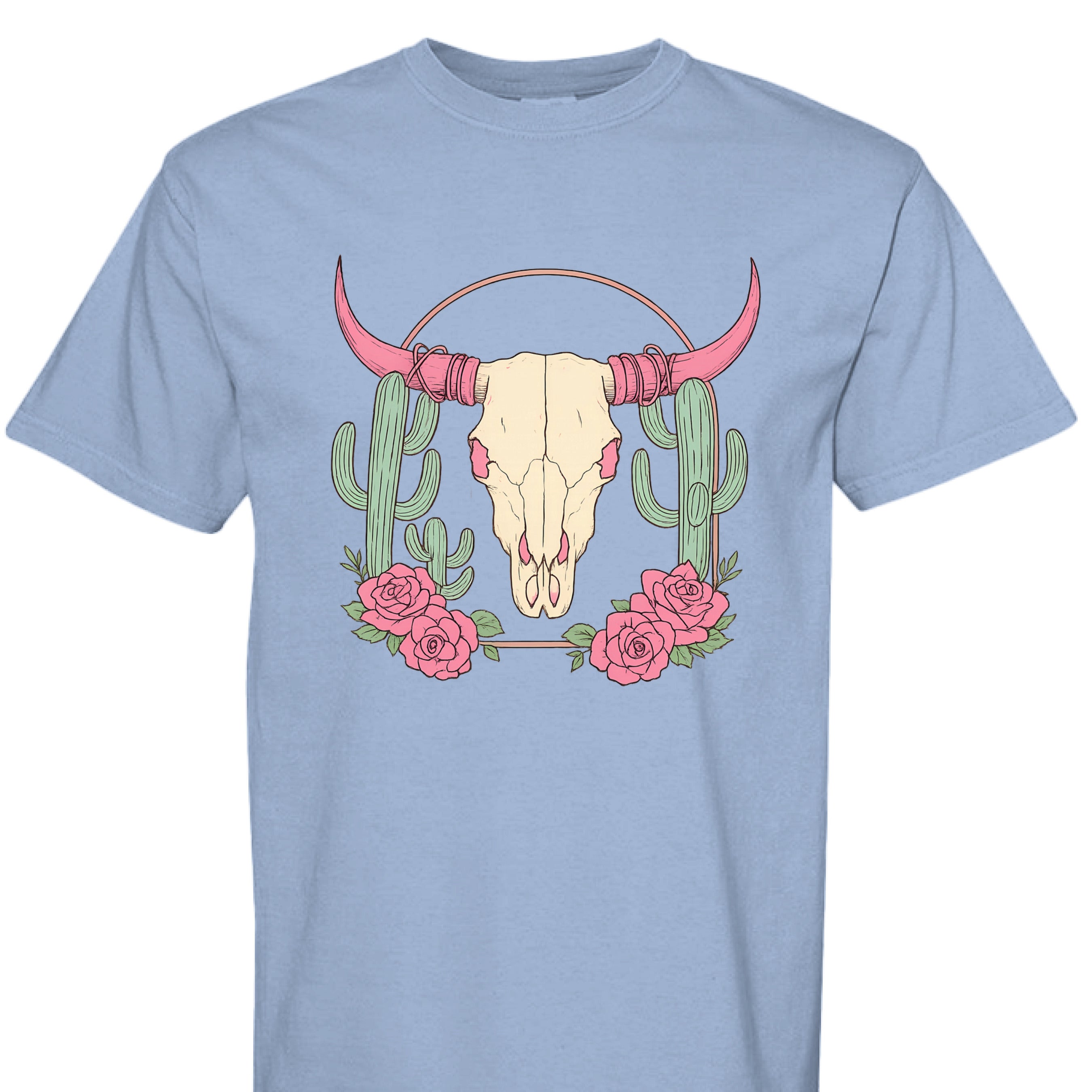 WASHED DENIM - FRONT - Boho Western t-shirt design with steer skull, pink horns, cactus, and roses on a rustic background.