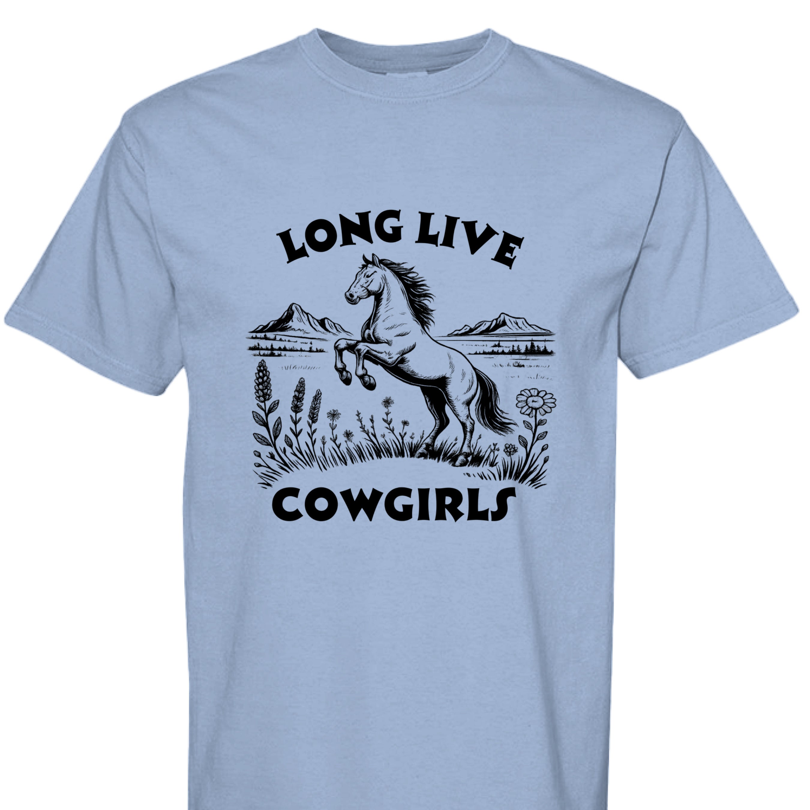 WASHED DENIM - FRONT - Long Live Cowgirls western shirt with rearing horse, mountain landscape, and wildflower country graphic design.