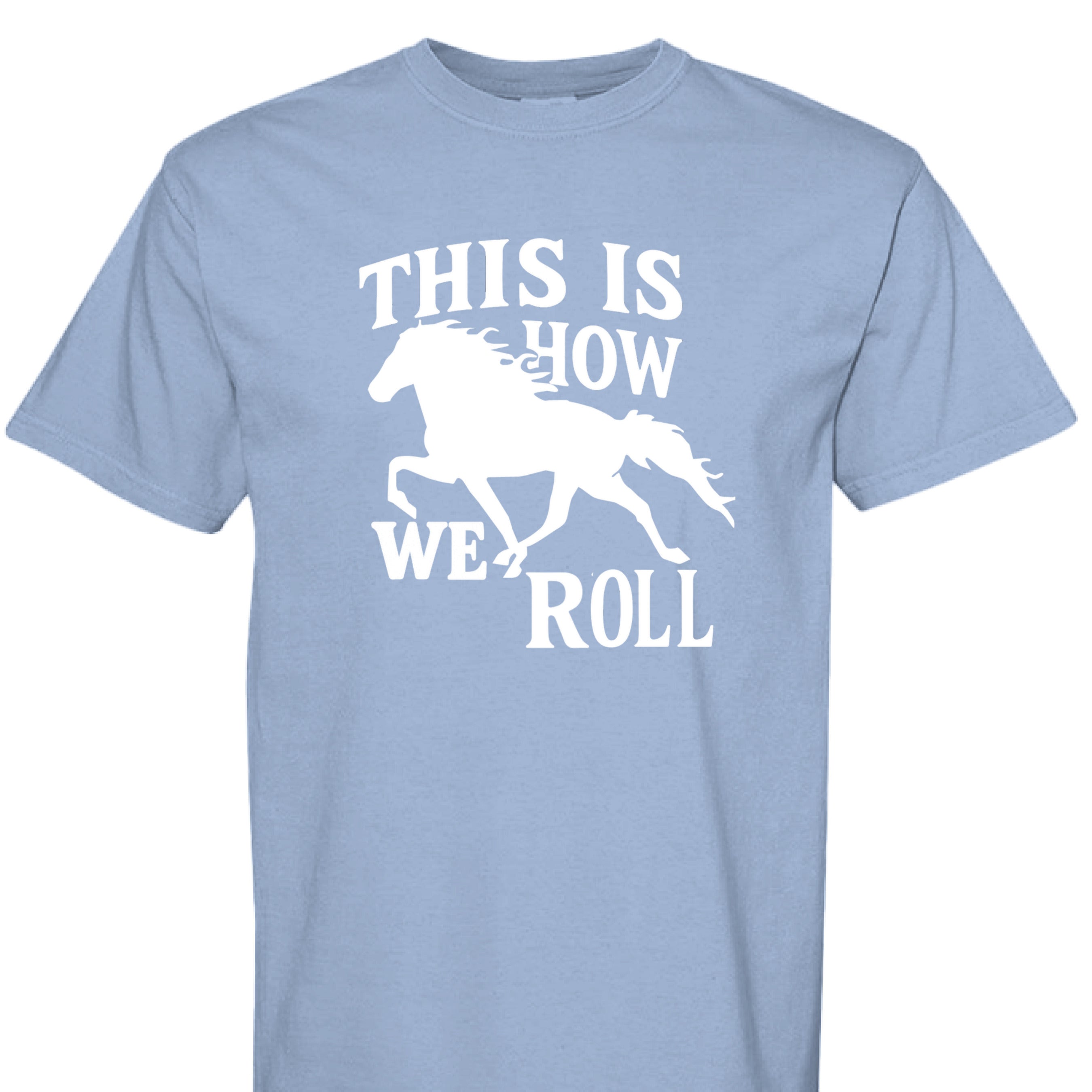 WASHED DENIM - FRONT - This Is How We Roll western shirt with running horse silhouette and bold country graphic lettering.