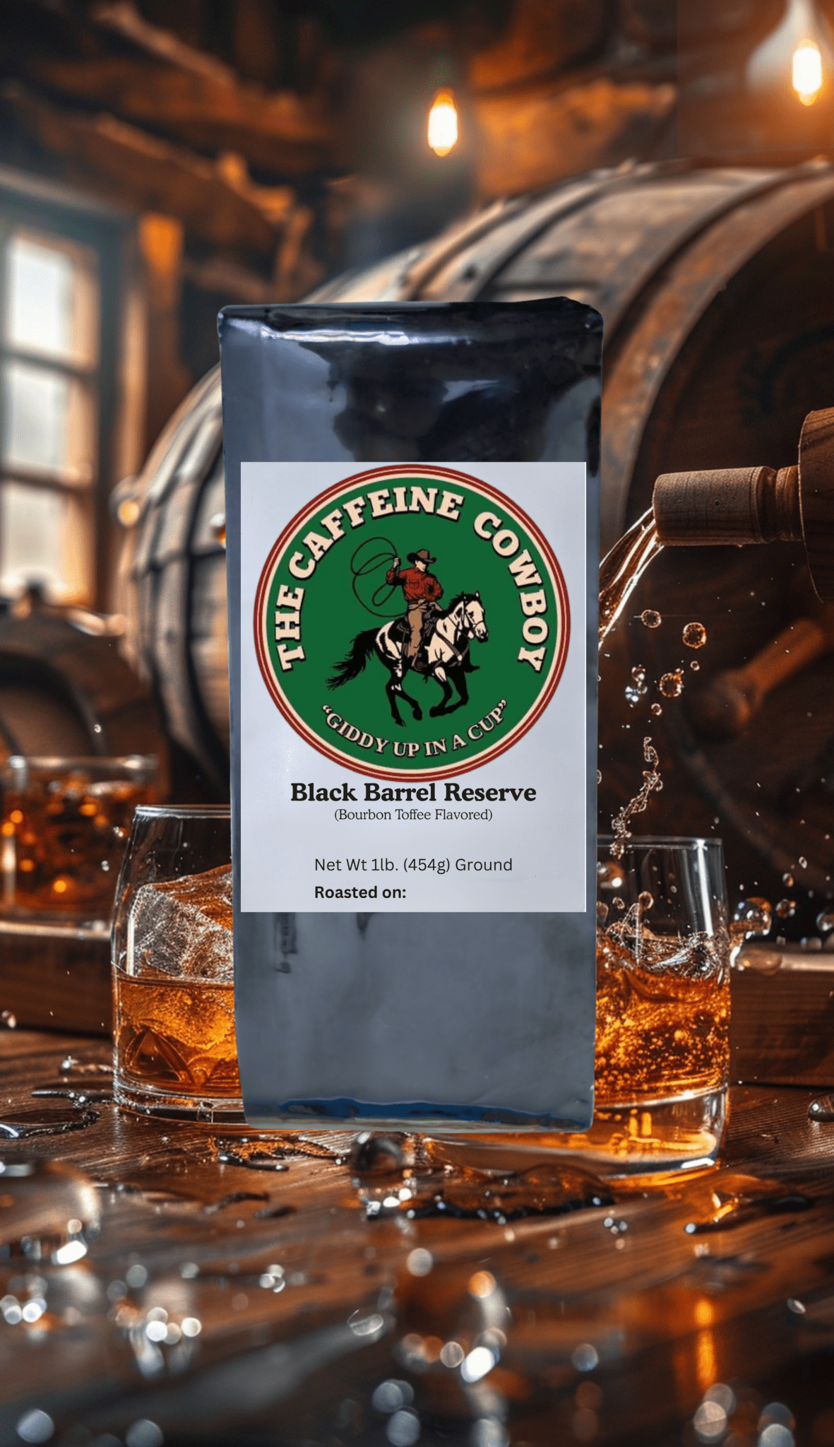 Black Barrel Reserve Bourbon Toffee Flavored Coffee bag with dark roast beans and rich caramel aroma on rustic burlap.
