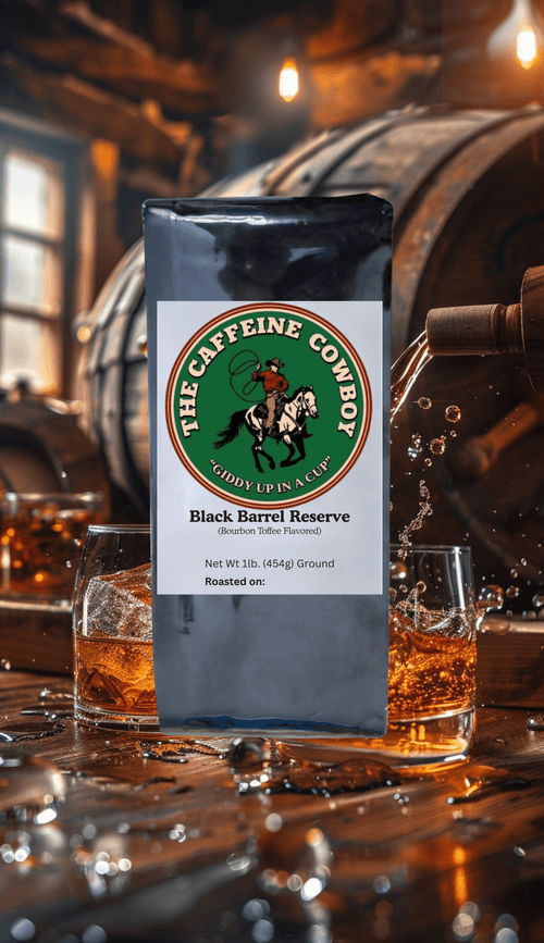 Black Barrel Reserve Bourbon Toffee Flavored Coffee bag with dark roast beans and rich caramel aroma on rustic burlap.