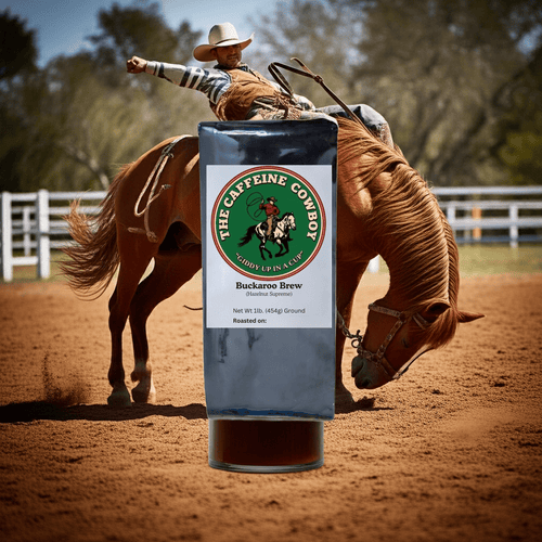 Buckaroo Brew Hazelnut Flavored Cowboy Coffee bag with medium roast beans and smooth nutty aroma on a wooden surface