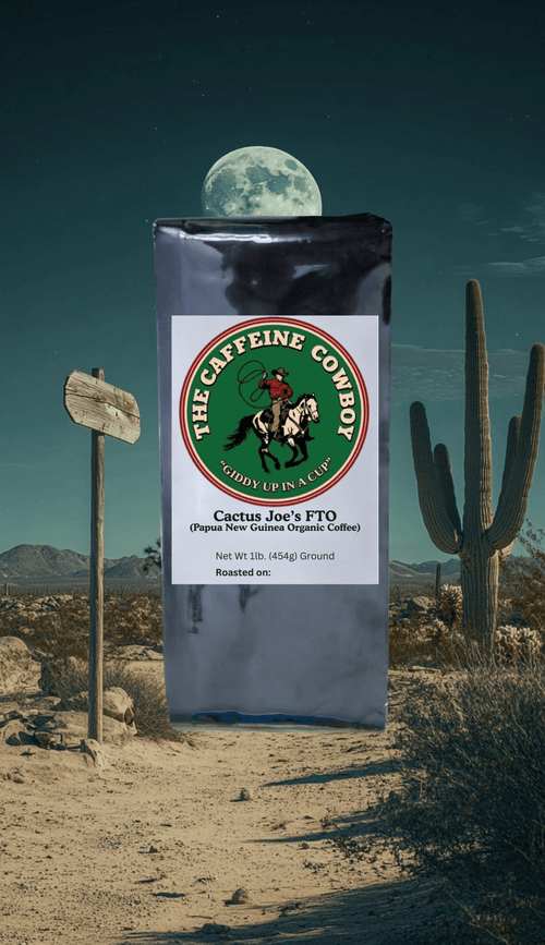 Cactus Joe’s FTO Papua New Guinea Organic Coffee bag with medium roast beans and rich chocolate aroma on rustic burlap.
