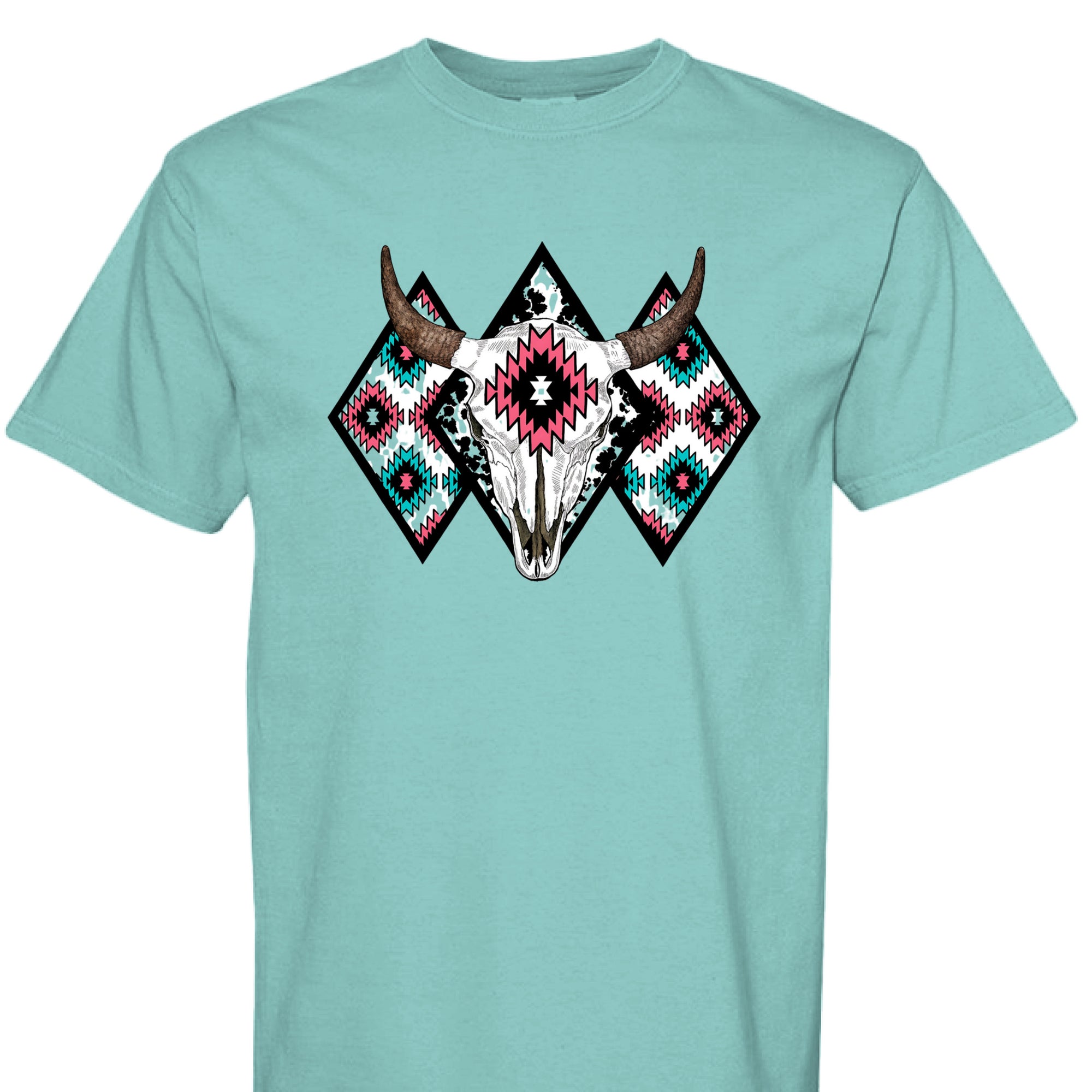 CHALKY MINT - FRONT - Western graphic t-shirt featuring a bull skull with Aztec tribal diamond patterns in turquoise, pink, and black.