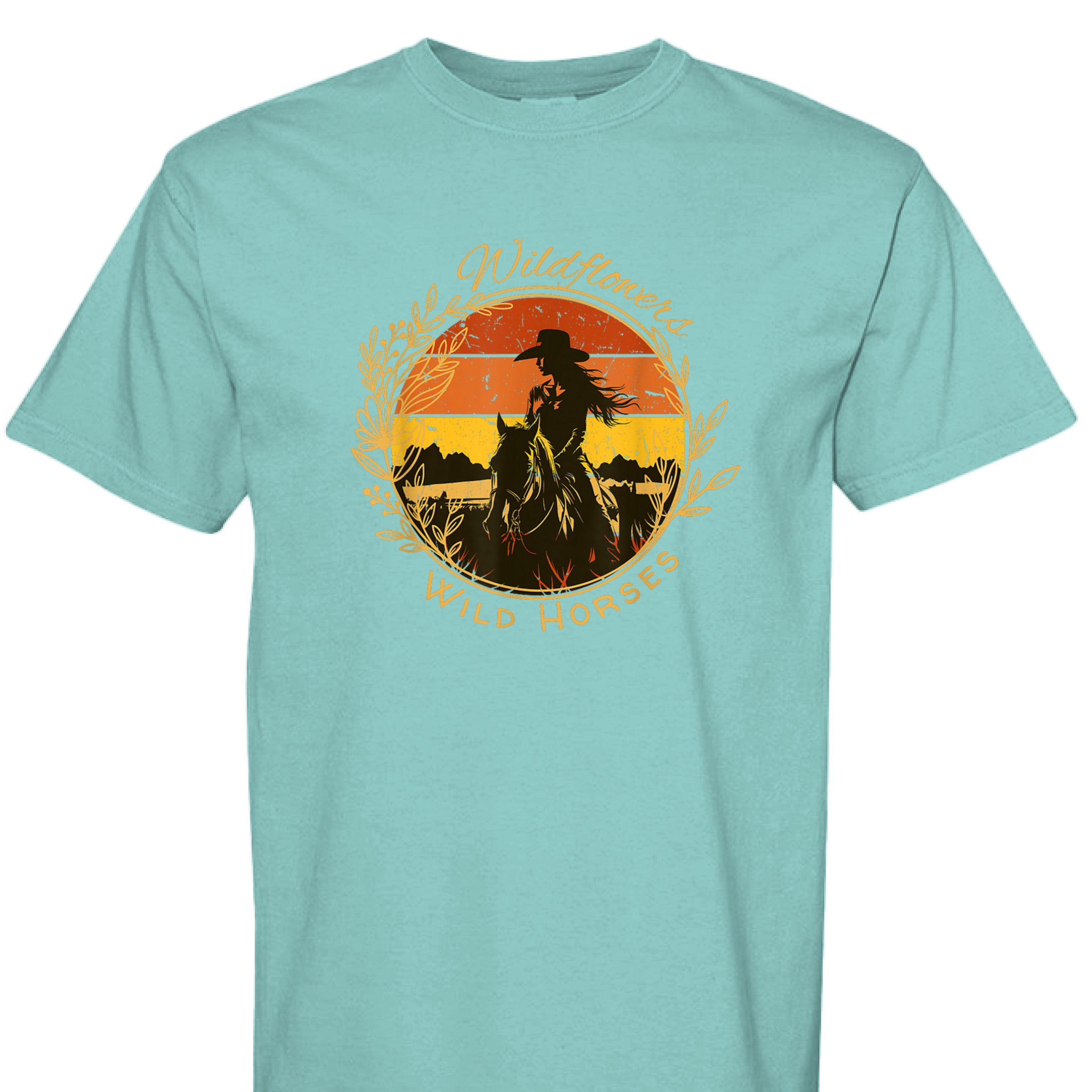 CHALKY MINT - FRONT - Wildflowers Wild Horses western shirt with cowgirl riding horse at sunset inside floral wreath graphic design.