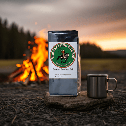 Cowboy Bourbon Ball Coffee bag with medium roast beans, smooth bourbon aroma, and notes of dark chocolate on a wooden table.