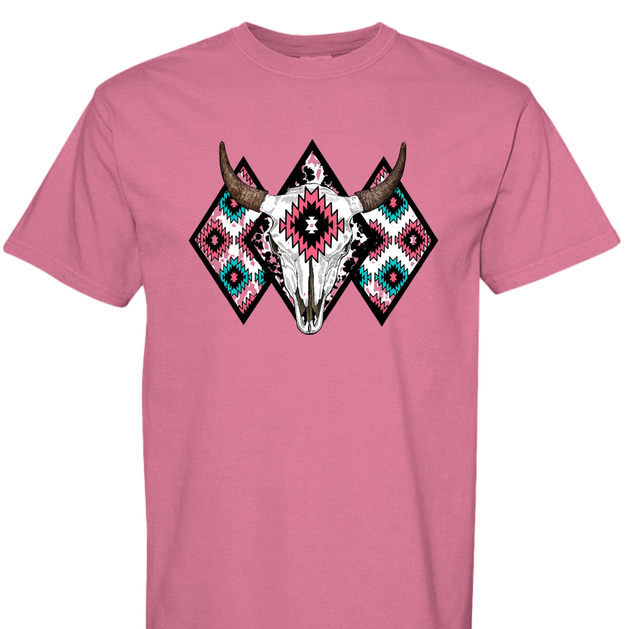 CRUNCHBERRY - FRONT - Western graphic t-shirt featuring a bull skull with Aztec tribal diamond patterns in turquoise, pink, and black.