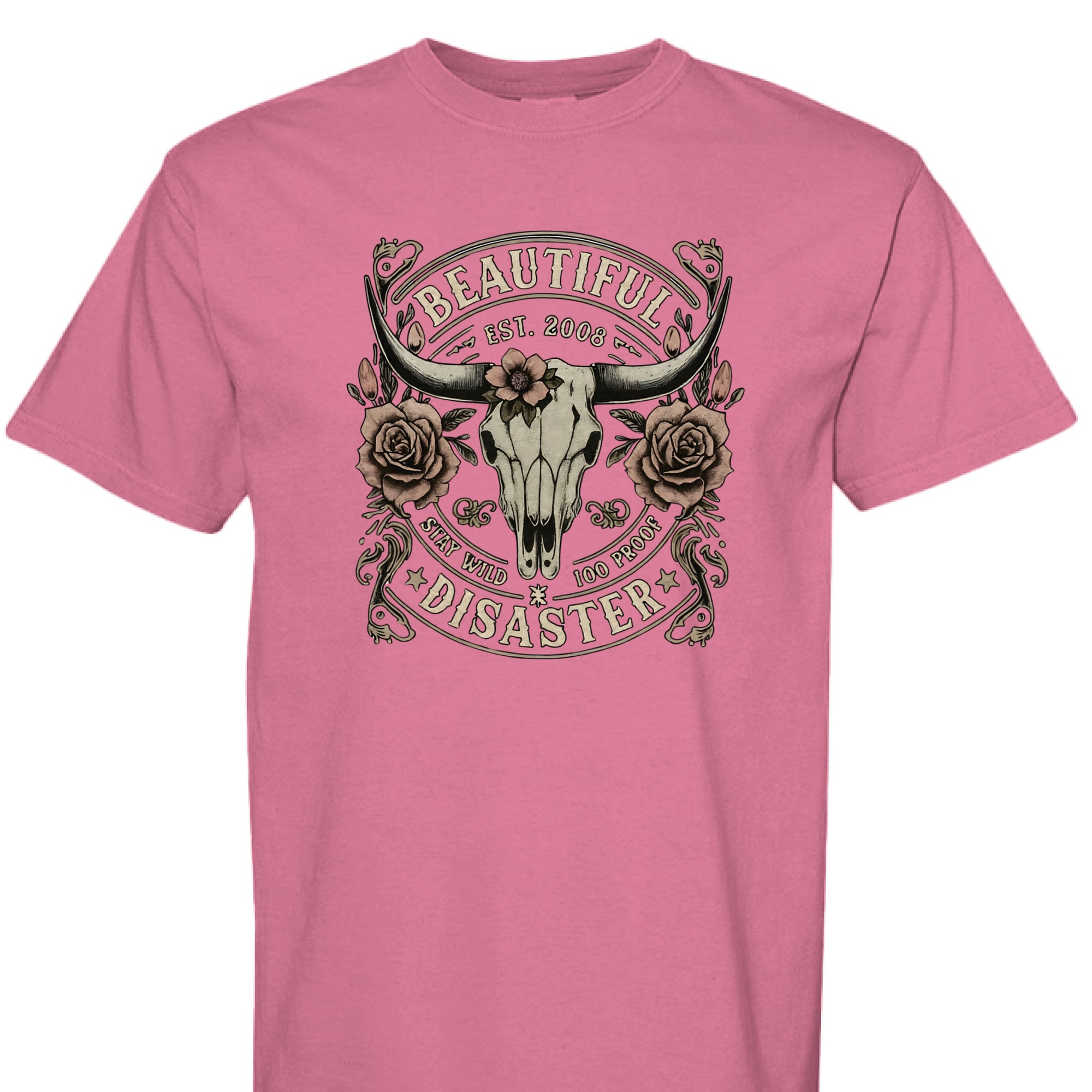 CRUNCHBERRY - FRONT - Western graphic t-shirt featuring a longhorn skull with roses and text ‘Beautiful Disaster – Stay Wild 100 Proof.’ Vintage distressed design.