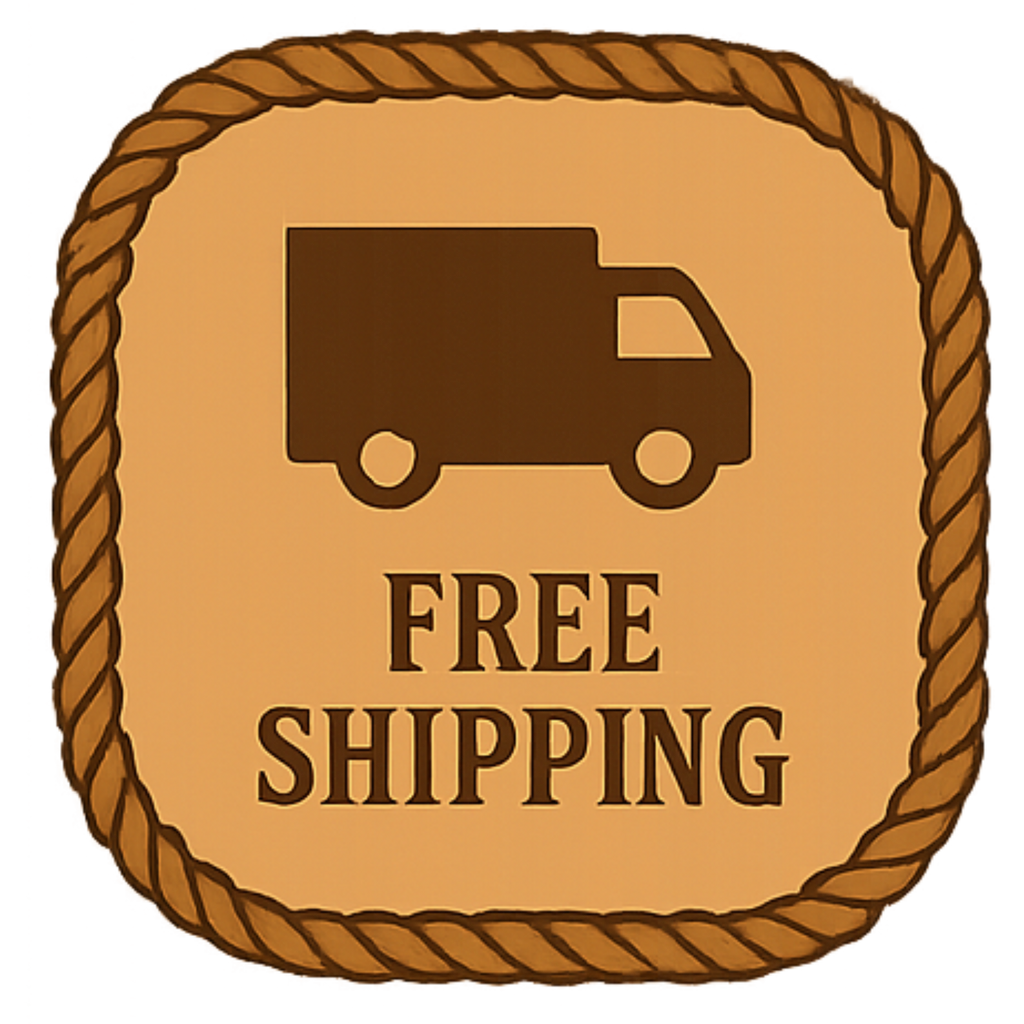 Free shipping label with a truck icon and 'FREE SHIPPING' text on a brown background.