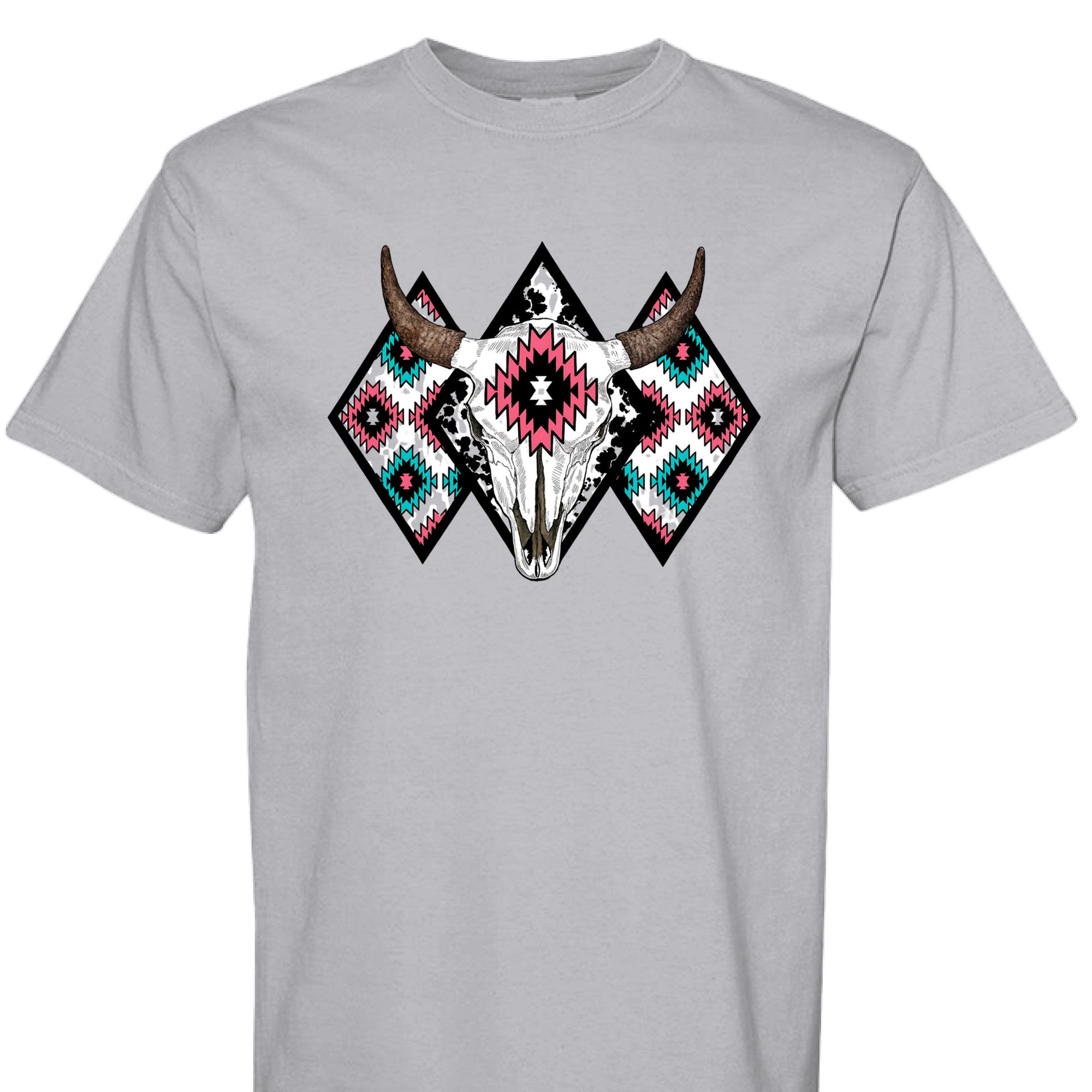 GRANITE - FRONT - Western graphic t-shirt featuring a bull skull with Aztec tribal diamond patterns in turquoise, pink, and black.
