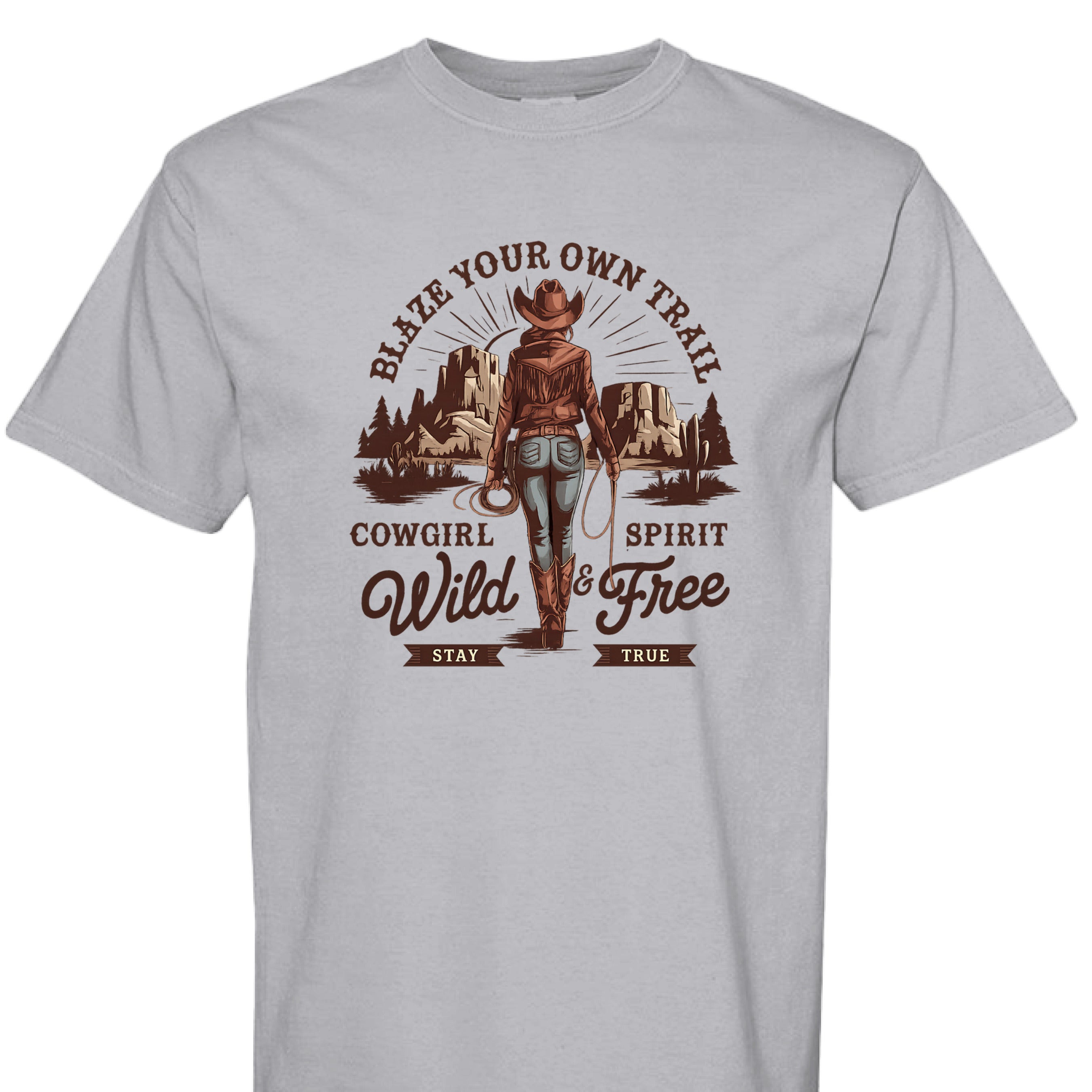 GRANITE - FRONT - Cowgirl graphic shirt with rope border, desert mountains, and text Blaze Your Own Trail Wild & Free.