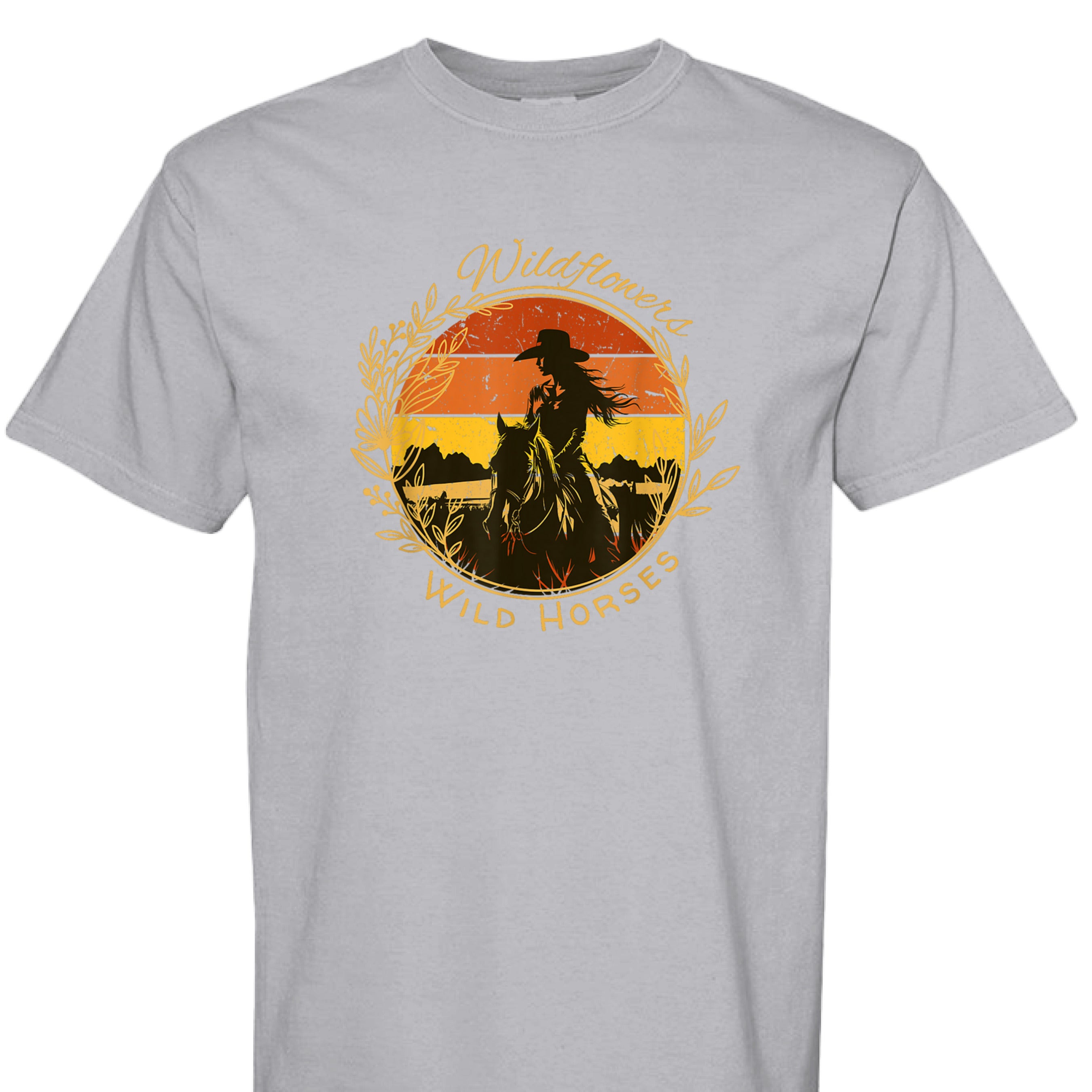 GRANITE - FRONT - Wildflowers Wild Horses western shirt with cowgirl riding horse at sunset inside floral wreath graphic design.