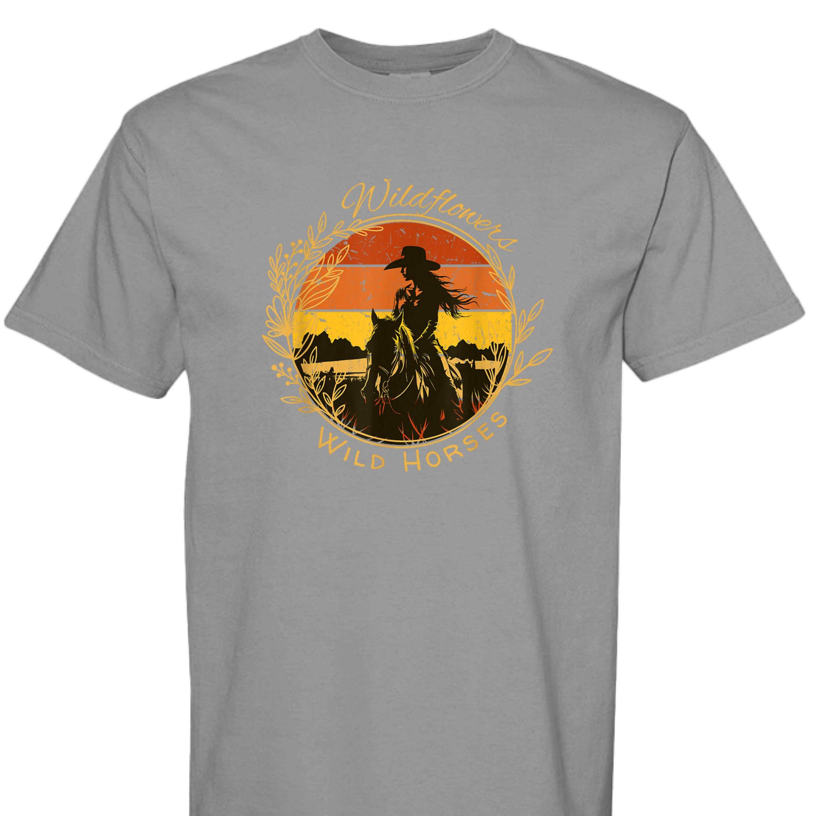 GREY - FRONT - Wildflowers Wild Horses western shirt with cowgirl riding horse at sunset inside floral wreath graphic design.