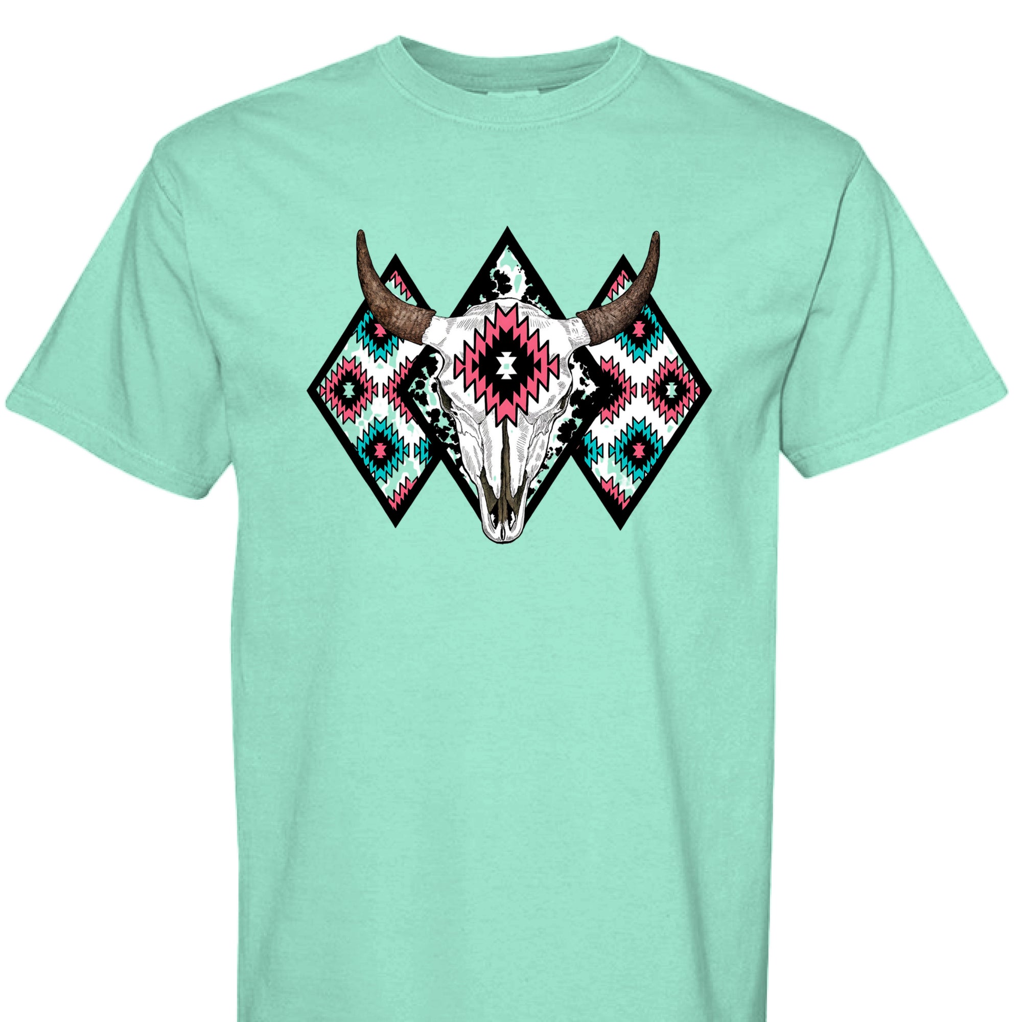 ISLAND REEF - FRONT - Western graphic t-shirt featuring a bull skull with Aztec tribal diamond patterns in turquoise, pink, and black.