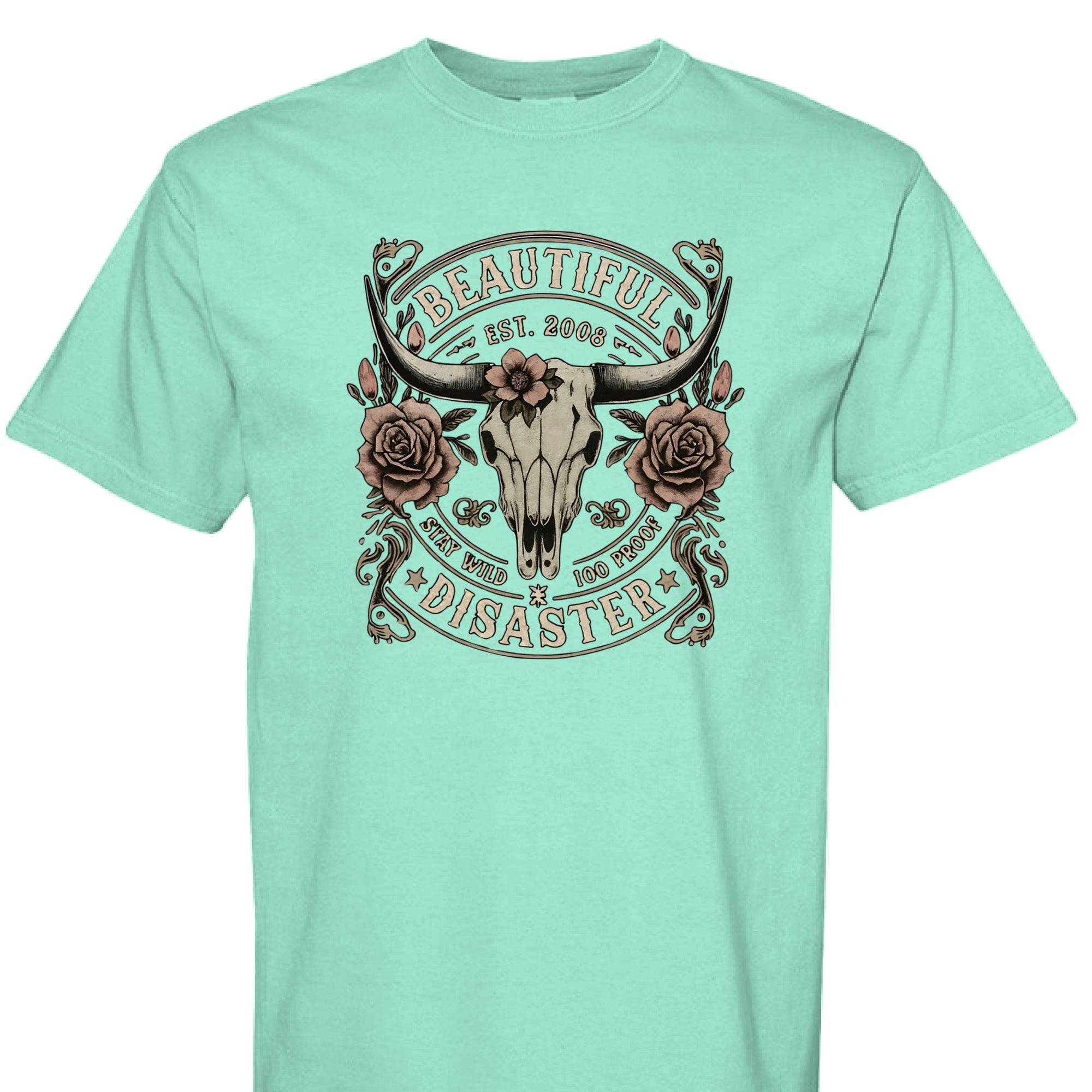 ISLAND REEF - FRONT - Western graphic t-shirt featuring a longhorn skull with roses and text ‘Beautiful Disaster – Stay Wild 100 Proof.’ Vintage distressed design.