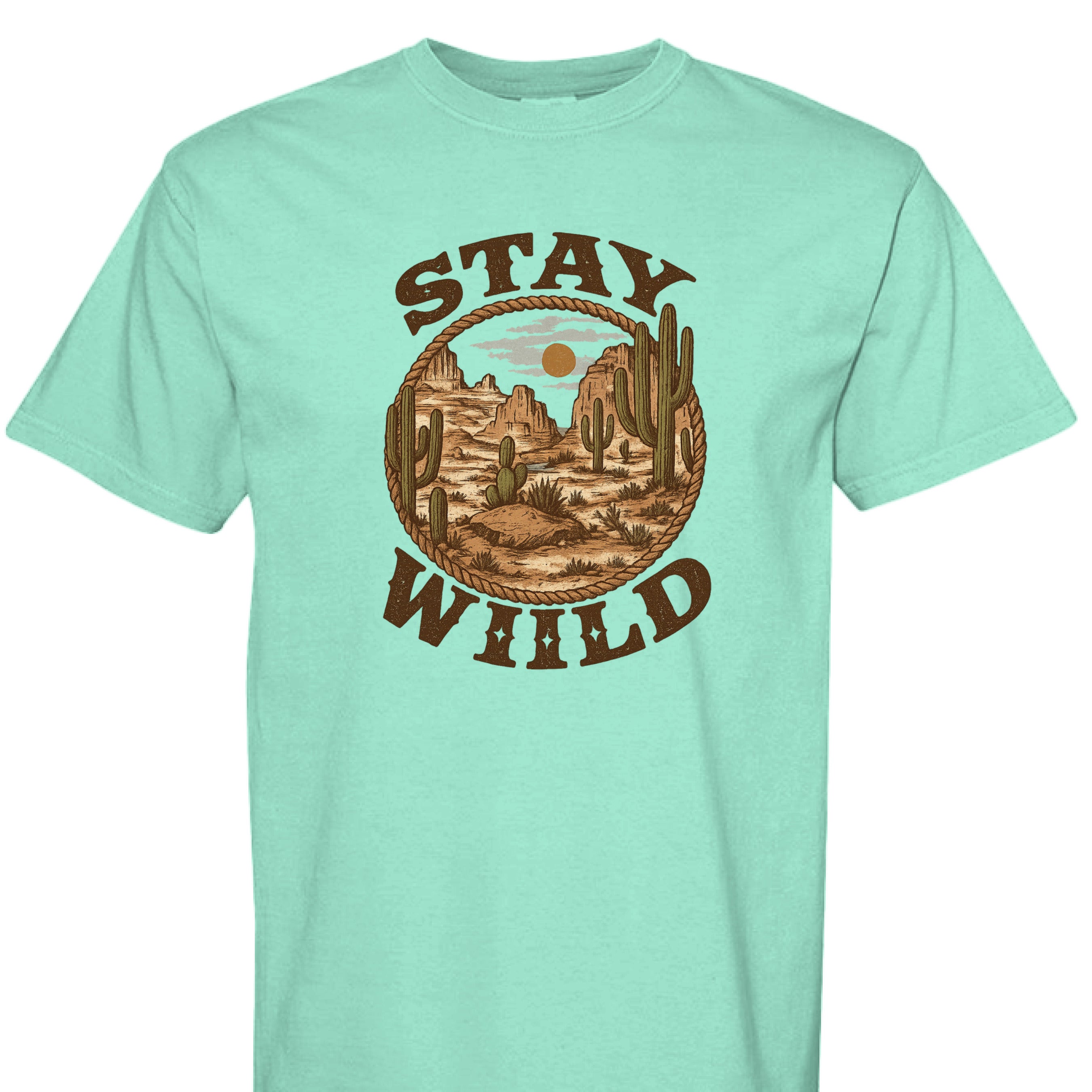 ISLAND REEF - FRONT - Stay Wild western graphic tee with desert mountains, cacti, rope border, and bold rustic lettering.