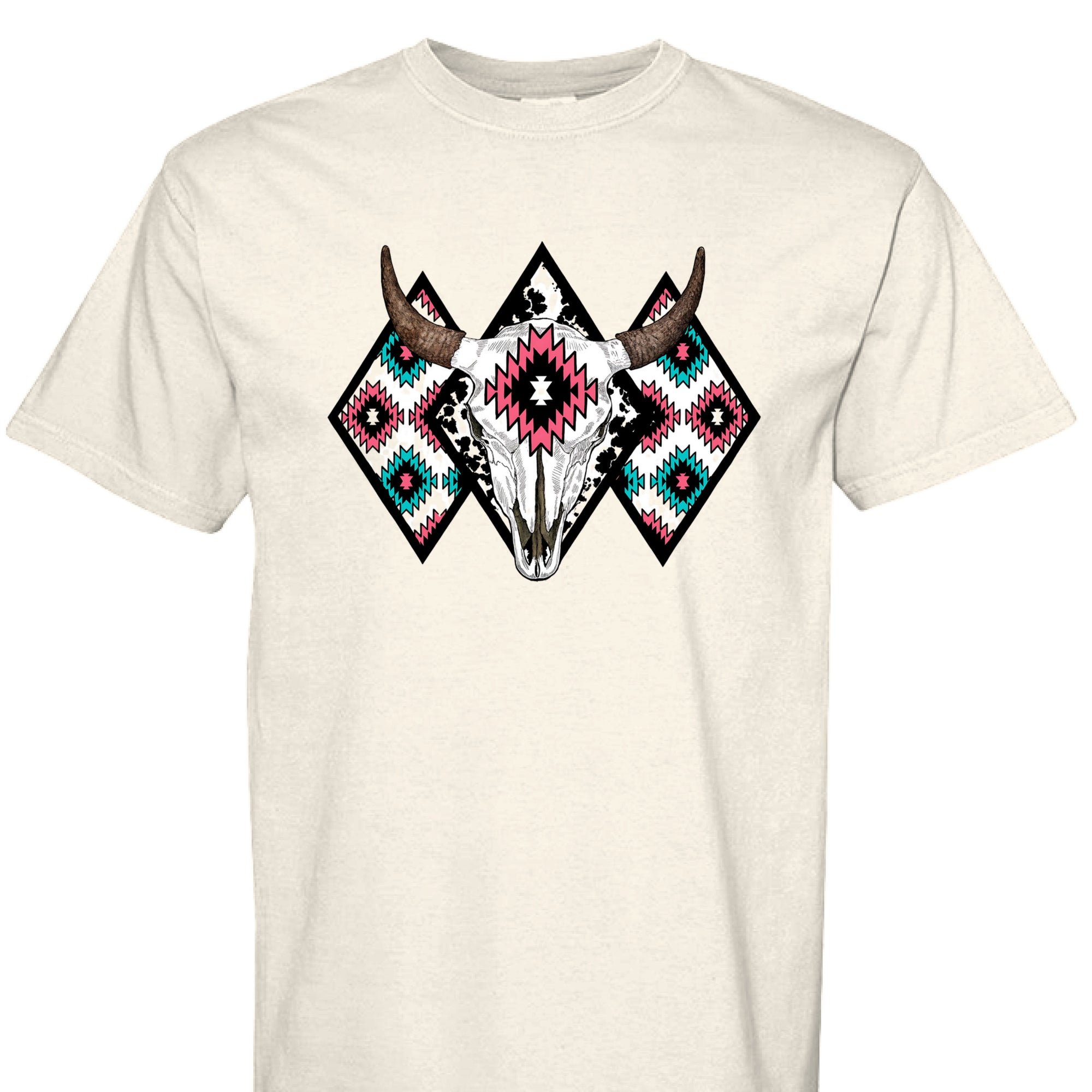 IVORY - FRONT - Western graphic t-shirt featuring a bull skull with Aztec tribal diamond patterns in turquoise, pink, and black.