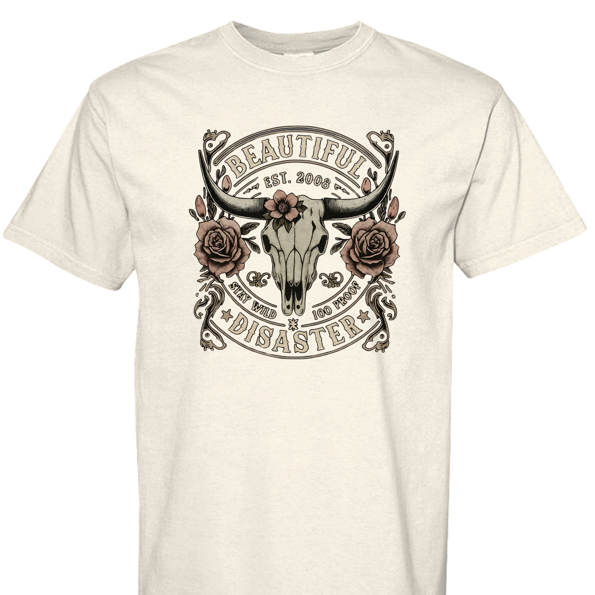 IVORY - FRONT - Western graphic t-shirt featuring a longhorn skull with roses and text ‘Beautiful Disaster – Stay Wild 100 Proof.’ Vintage distressed design.