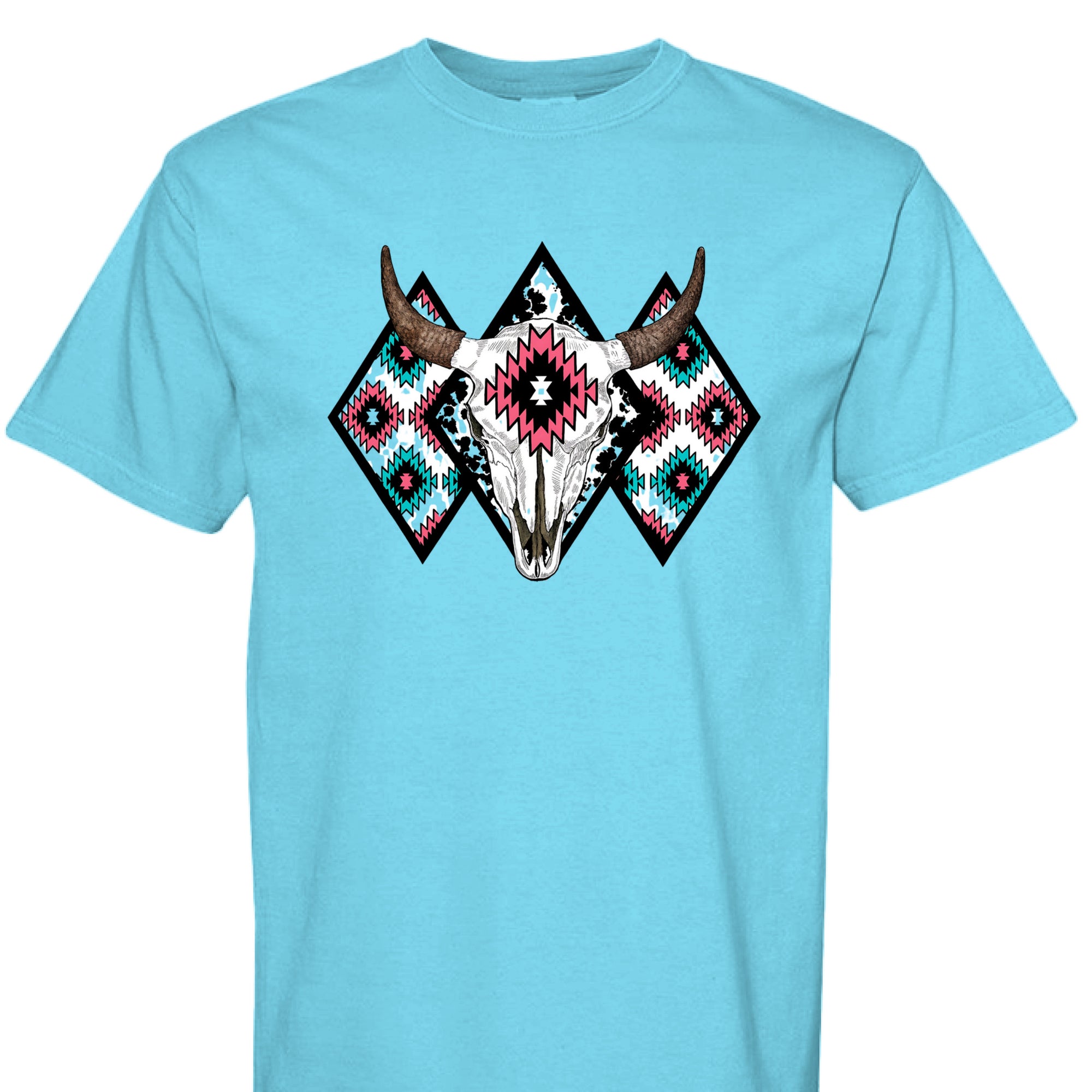 LAGOON BLUE - FRONT - Western graphic t-shirt featuring a bull skull with Aztec tribal diamond patterns in turquoise, pink, and black.