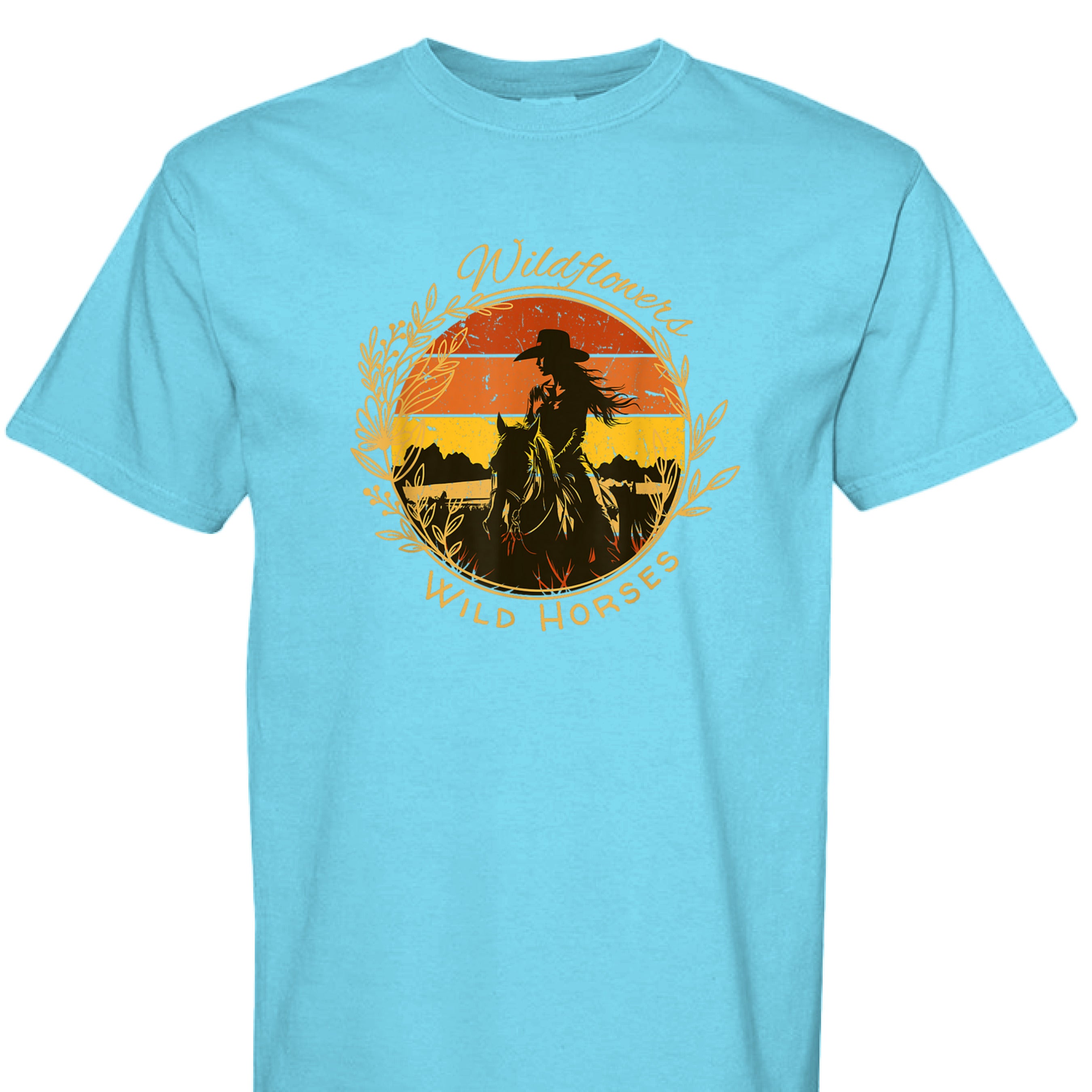 LAGOON BLUE - FRONT - Wildflowers Wild Horses western shirt with cowgirl riding horse at sunset inside floral wreath graphic design.