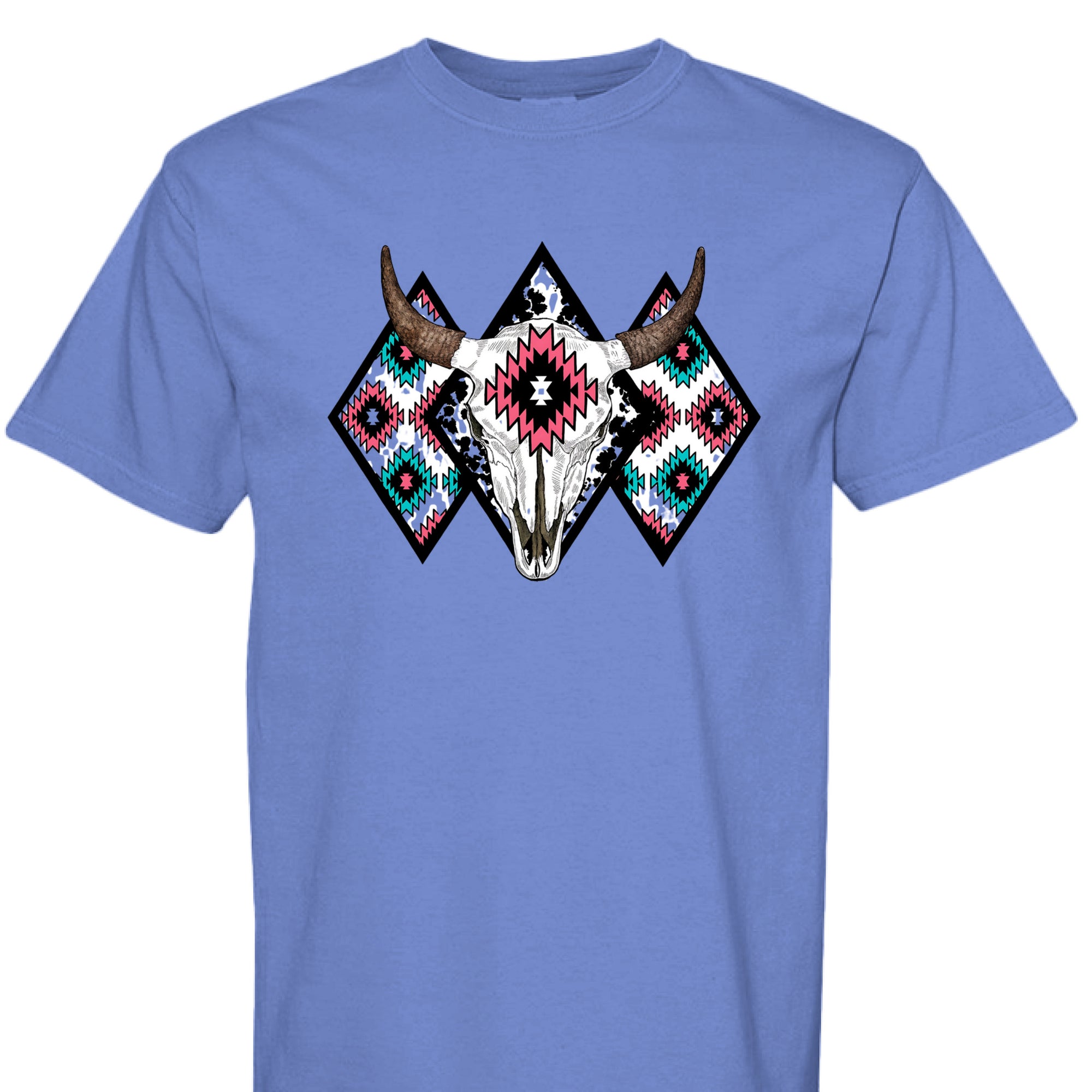 MYSTIC BLUE - FRONT - Western graphic t-shirt featuring a bull skull with Aztec tribal diamond patterns in turquoise, pink, and black.