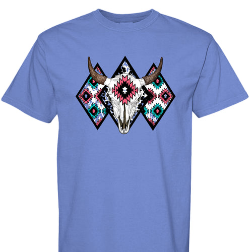 MYSTIC BLUE - FRONT - Western graphic t-shirt featuring a bull skull with Aztec tribal diamond patterns in turquoise, pink, and black.