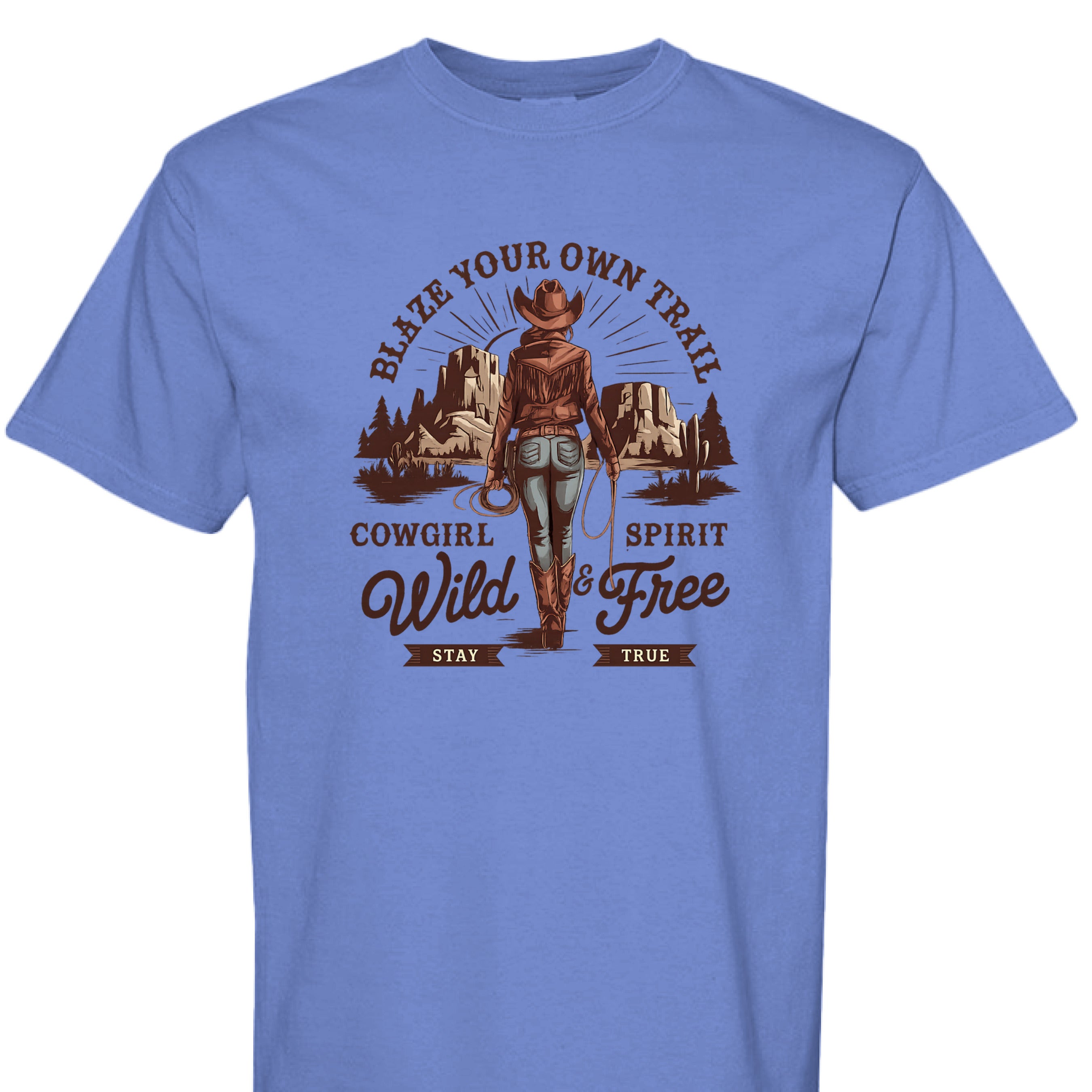 MYSTIC BLUE - FRONT - Cowgirl graphic shirt with rope border, desert mountains, and text Blaze Your Own Trail Wild & Free.