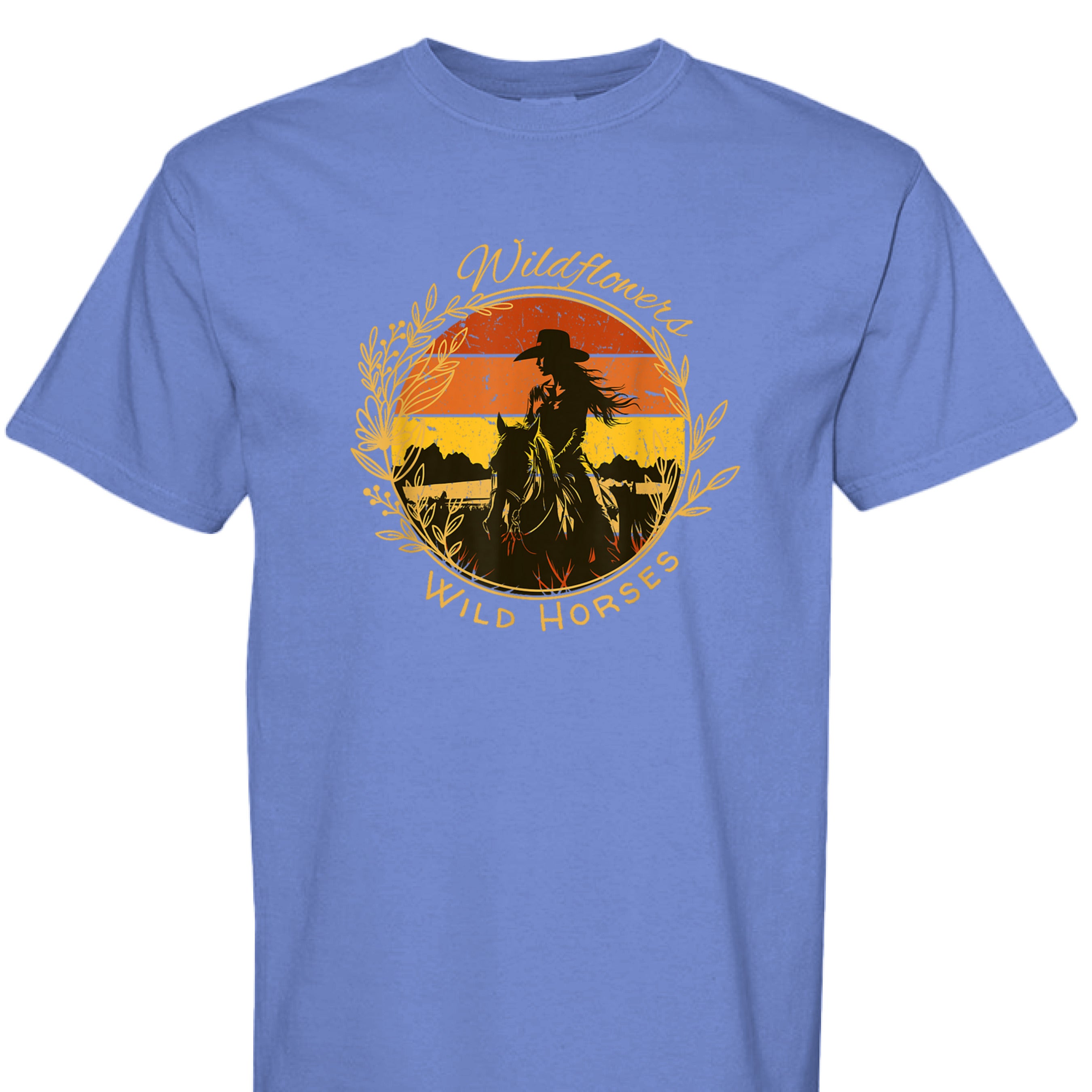 MYSTIC BLUE - FRONT - Wildflowers Wild Horses western shirt with cowgirl riding horse at sunset inside floral wreath graphic design.