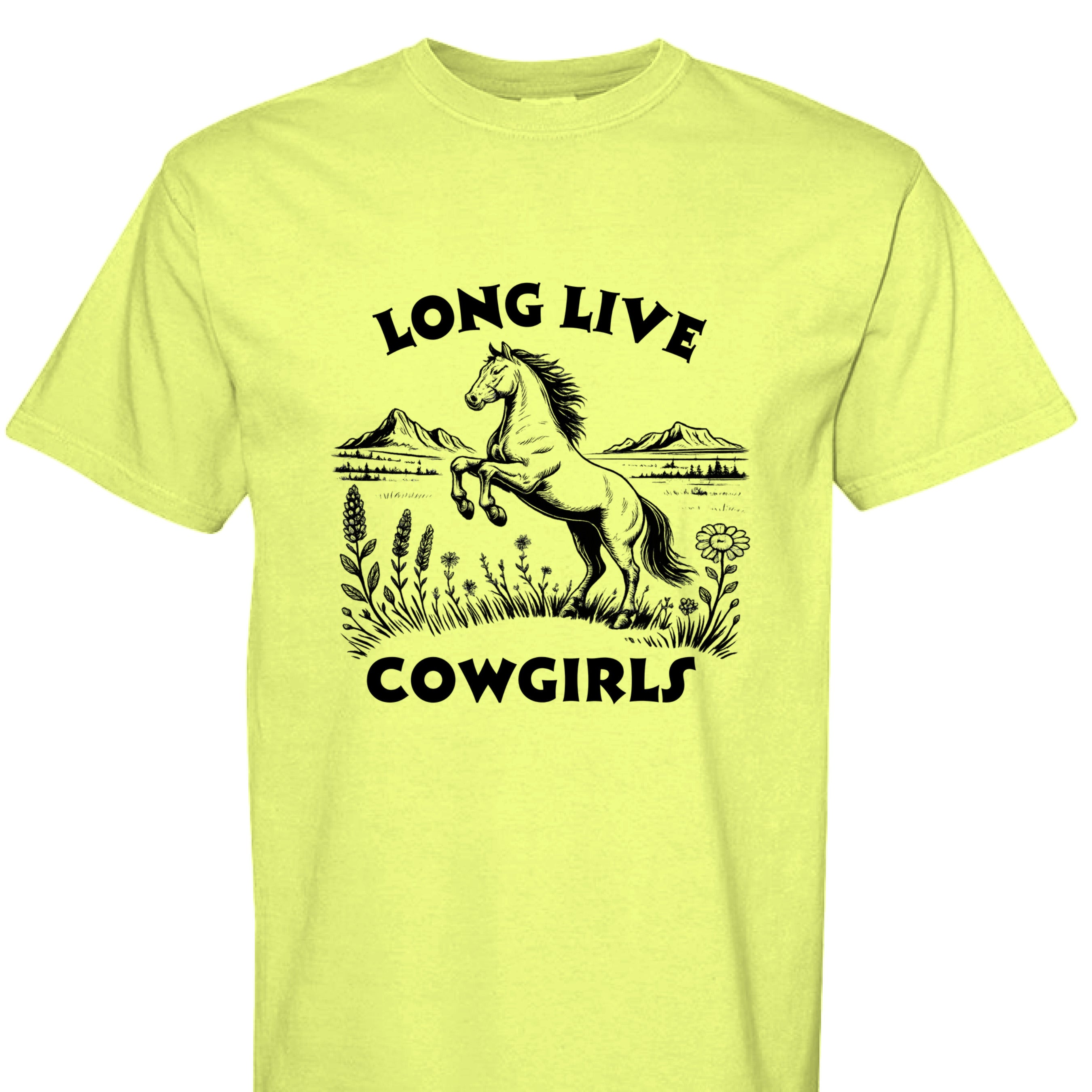 Neon Lemon - FRONT - Long Live Cowgirls western shirt with rearing horse, mountain landscape, and wildflower country graphic design.