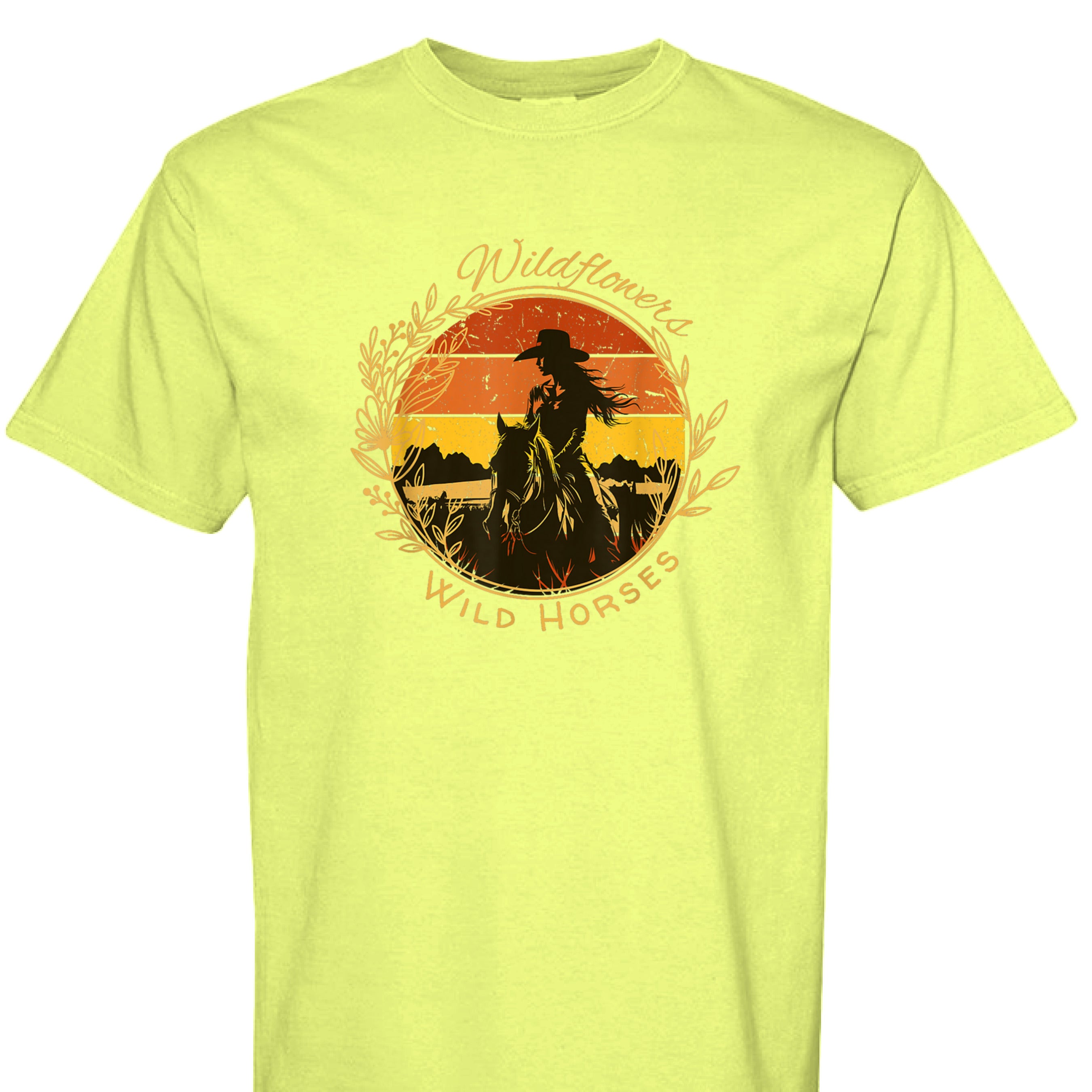 Neon Lemon - FRONT - Wildflowers Wild Horses western shirt with cowgirl riding horse at sunset inside floral wreath graphic design.