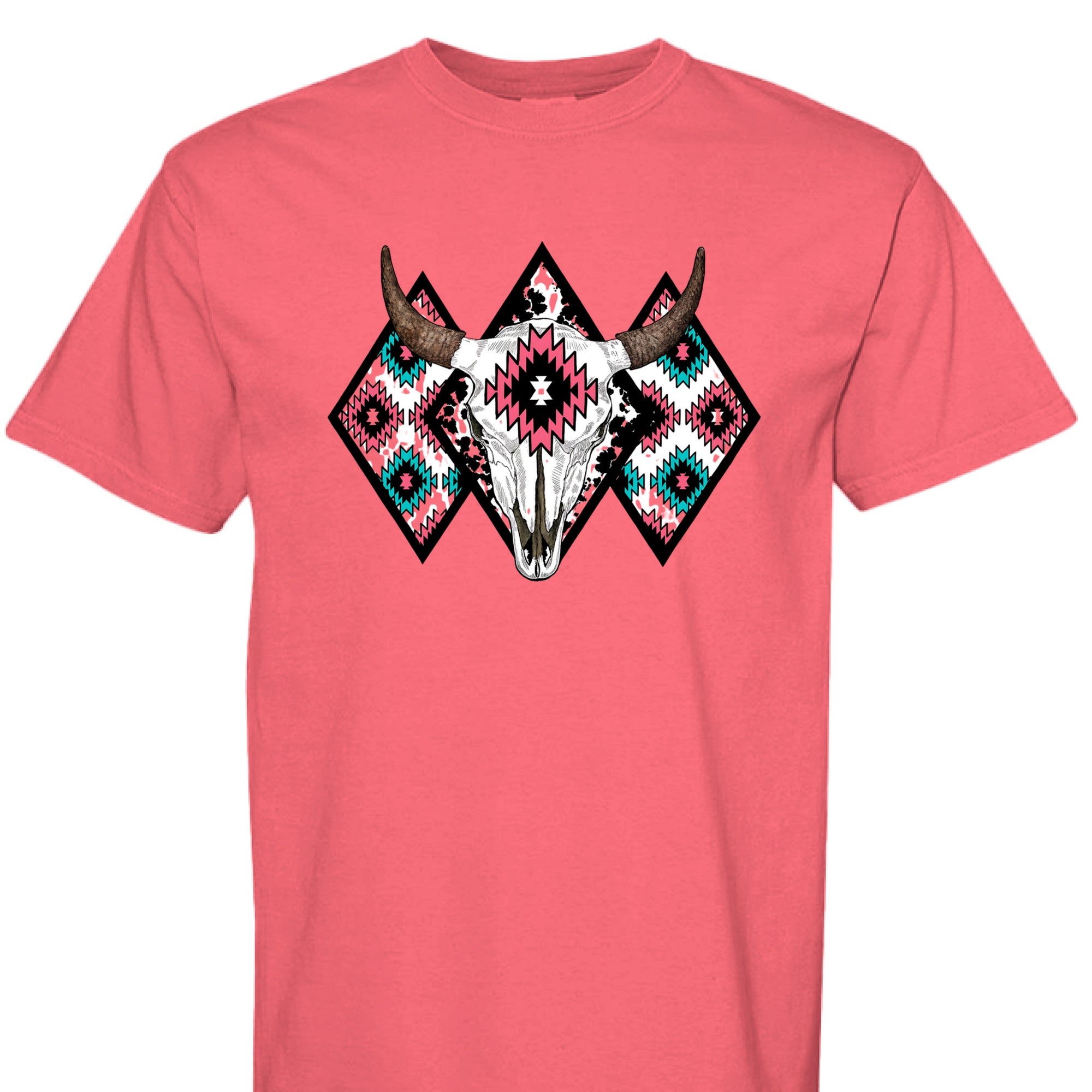 PAPRIKA - FRONT - Western graphic t-shirt featuring a bull skull with Aztec tribal diamond patterns in turquoise, pink, and black.