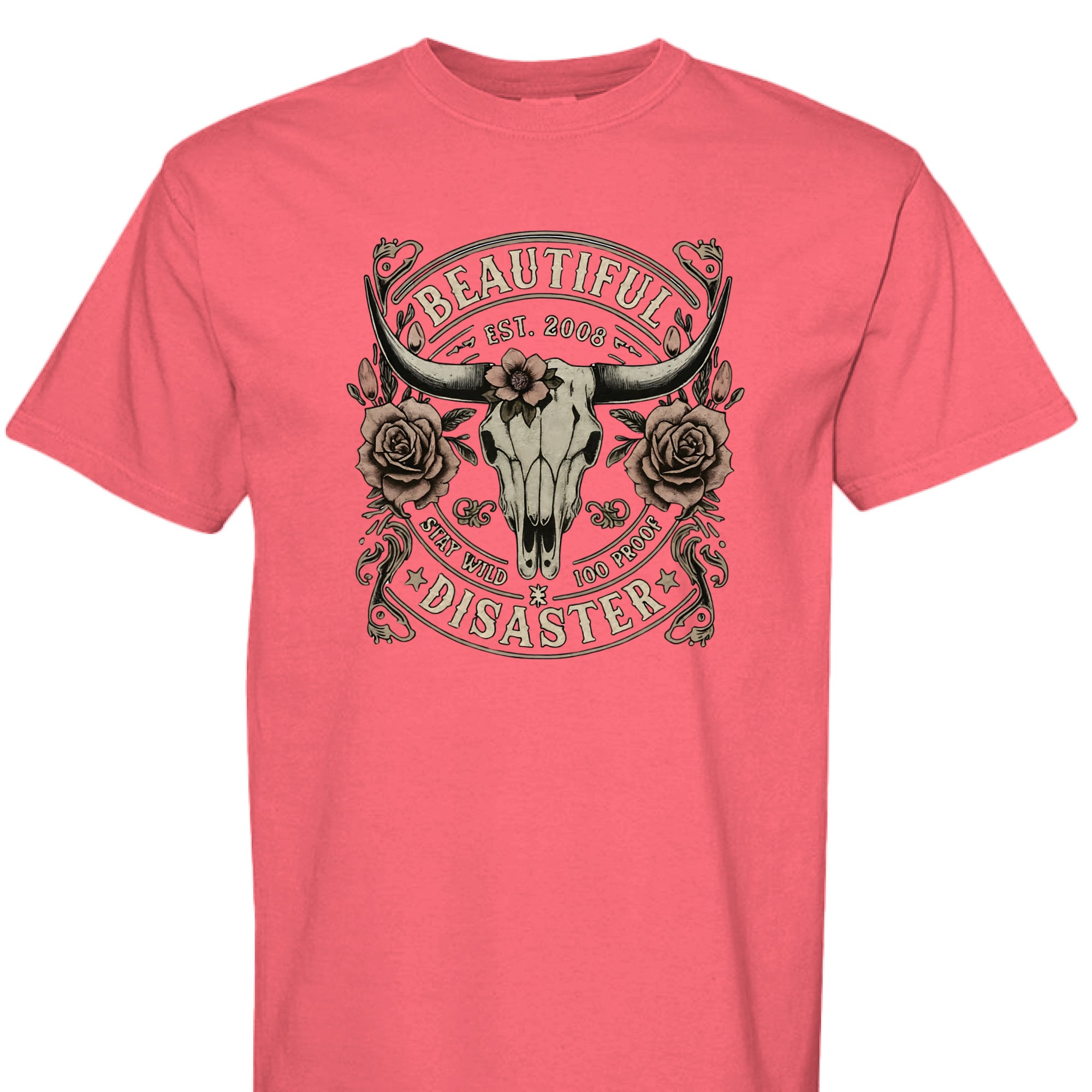 PAPRIKA - FRONT - Western graphic t-shirt featuring a longhorn skull with roses and text ‘Beautiful Disaster – Stay Wild 100 Proof.’ Vintage distressed design.