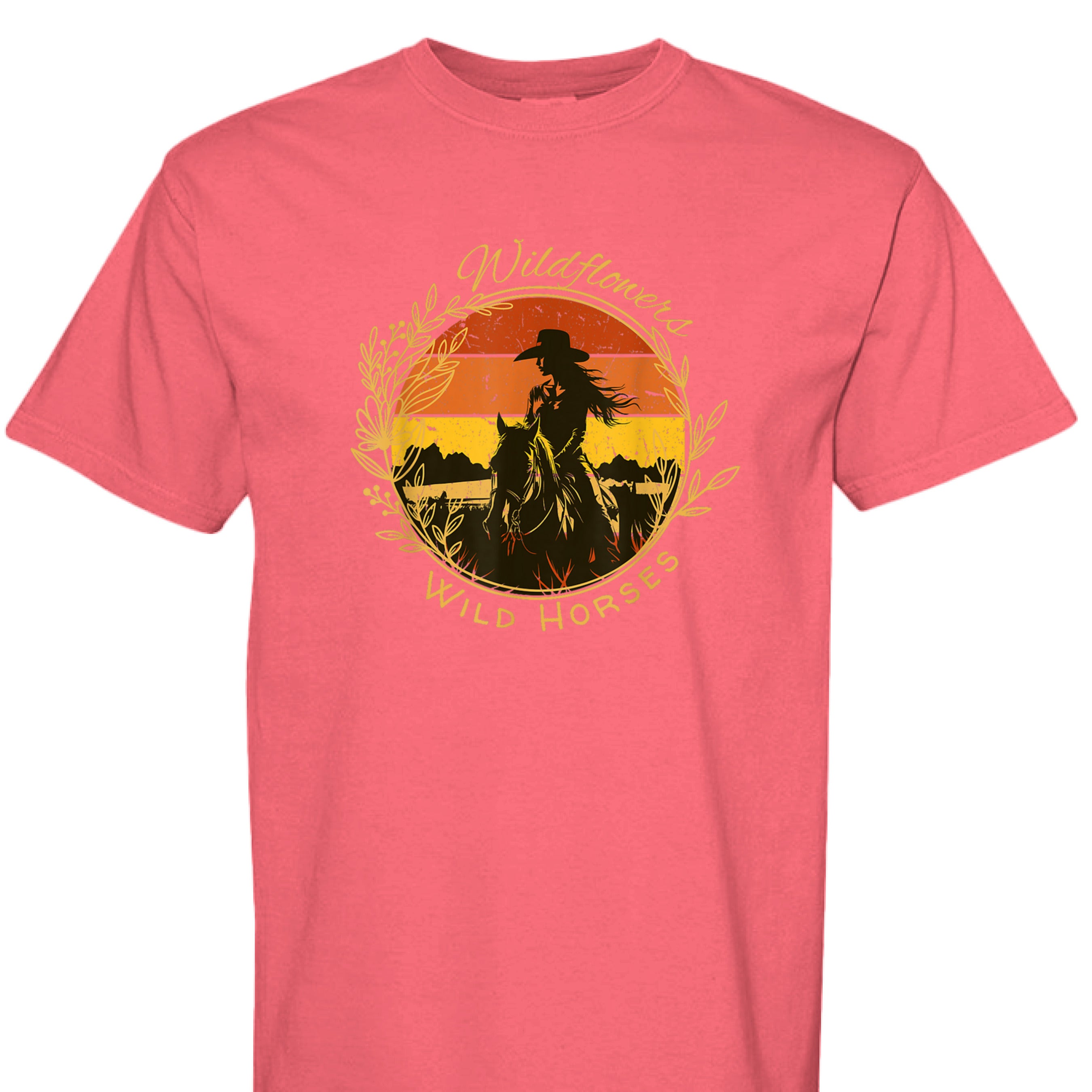 PAPRIKA - FRONT - Wildflowers Wild Horses western shirt with cowgirl riding horse at sunset inside floral wreath graphic design.