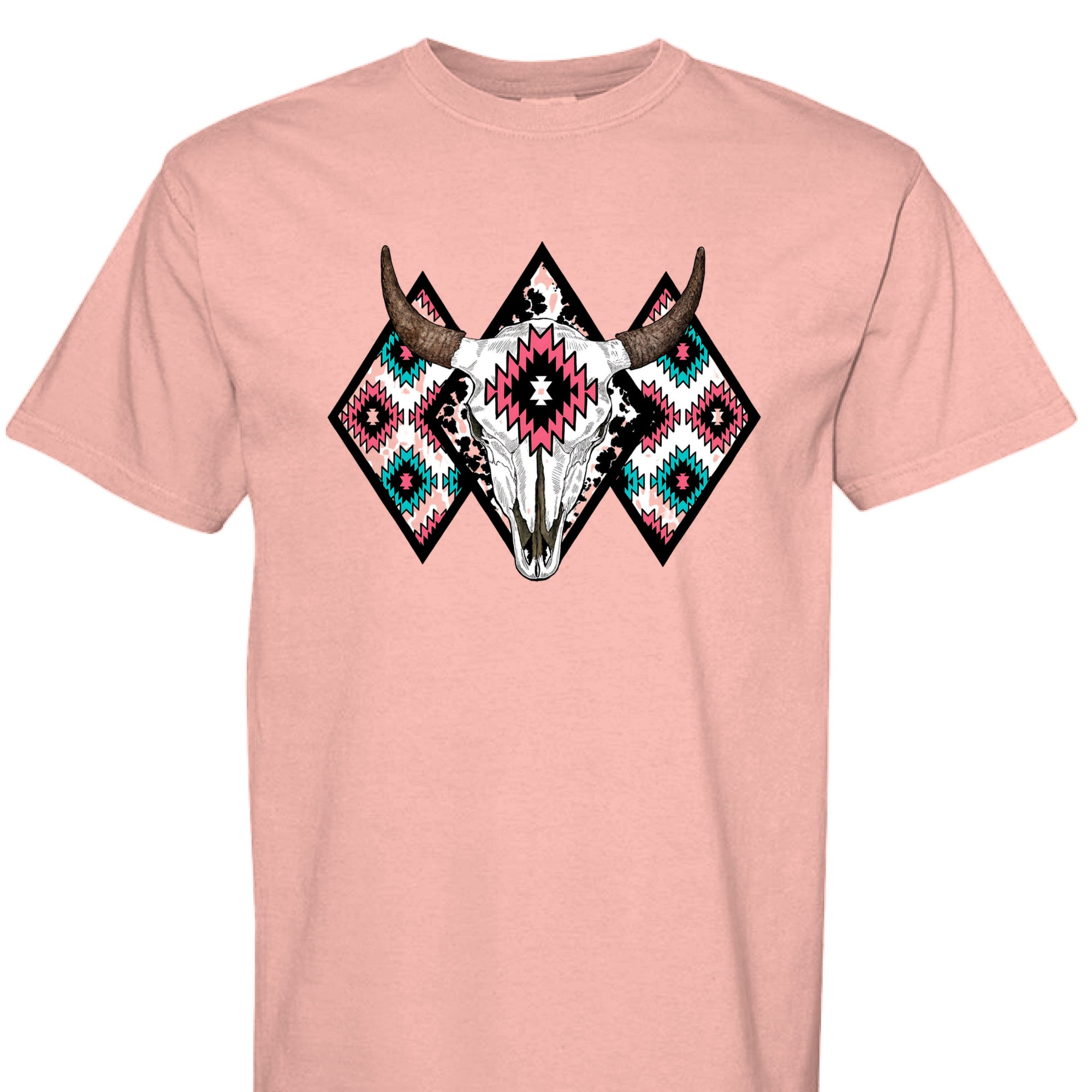 Peachy - FRONT - Western graphic t-shirt featuring a bull skull with Aztec tribal diamond patterns in turquoise, pink, and black.