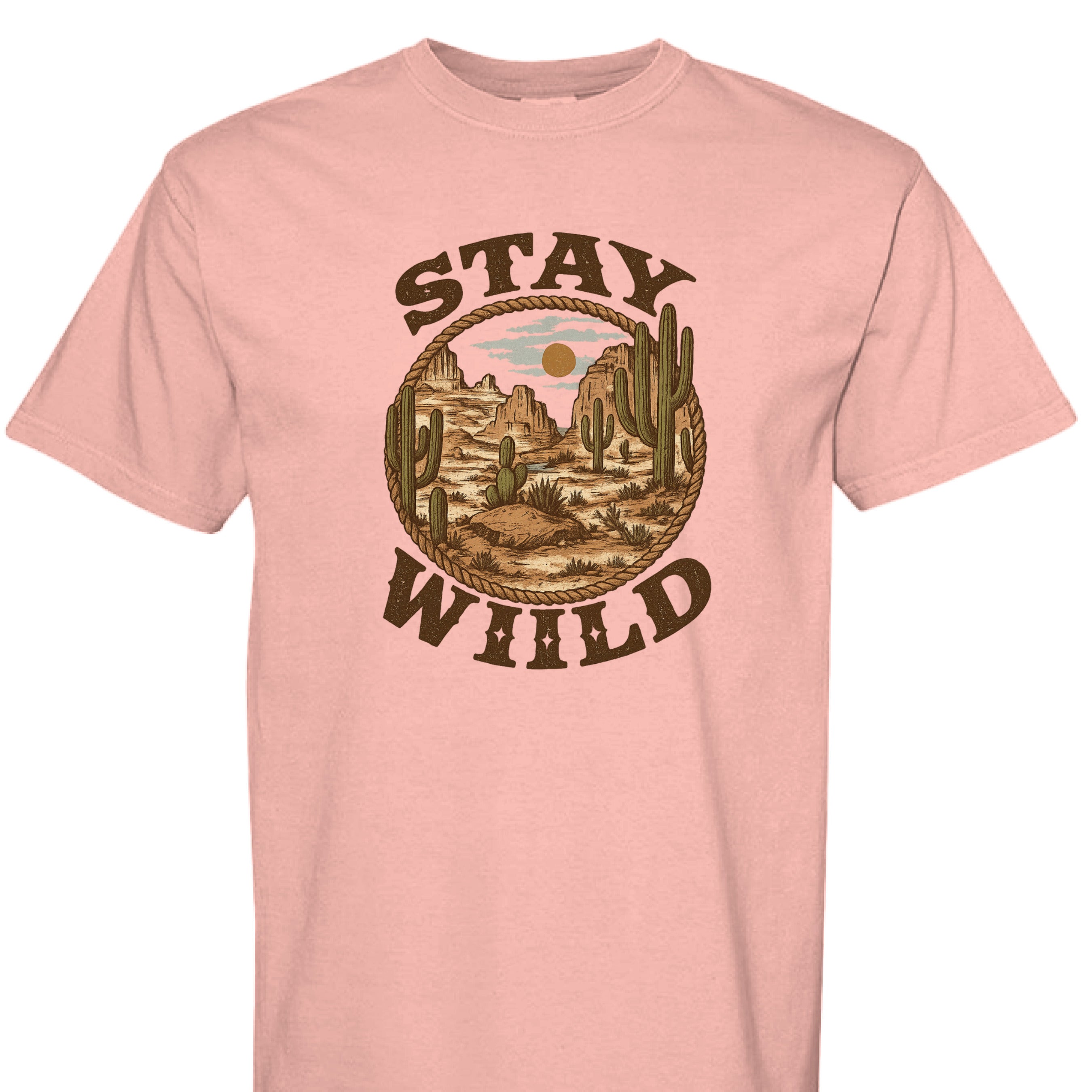 Peachy - FRONT - Stay Wild western graphic tee with desert mountains, cacti, rope border, and bold rustic lettering.
