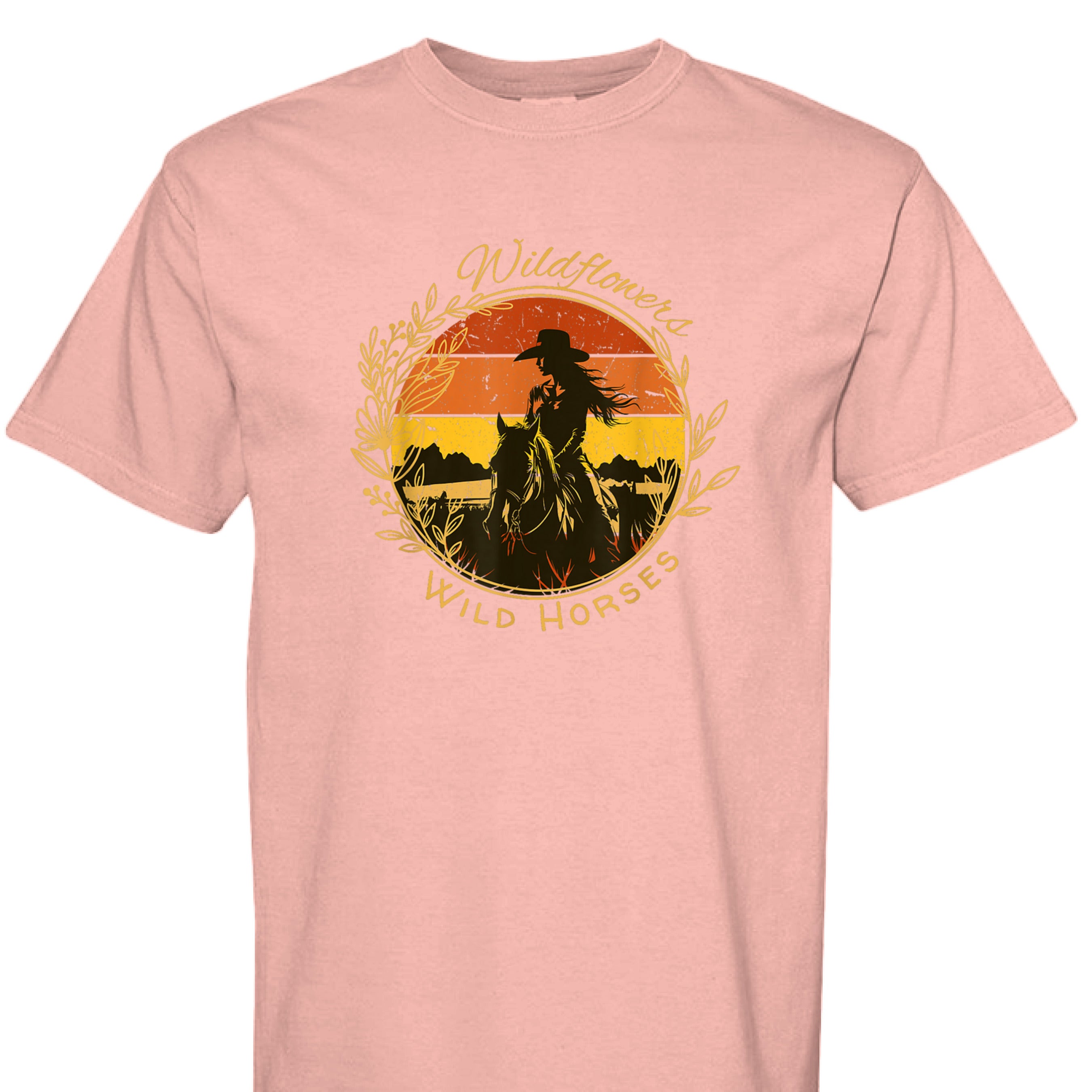 Peachy - FRONT - Wildflowers Wild Horses western shirt with cowgirl riding horse at sunset inside floral wreath graphic design.