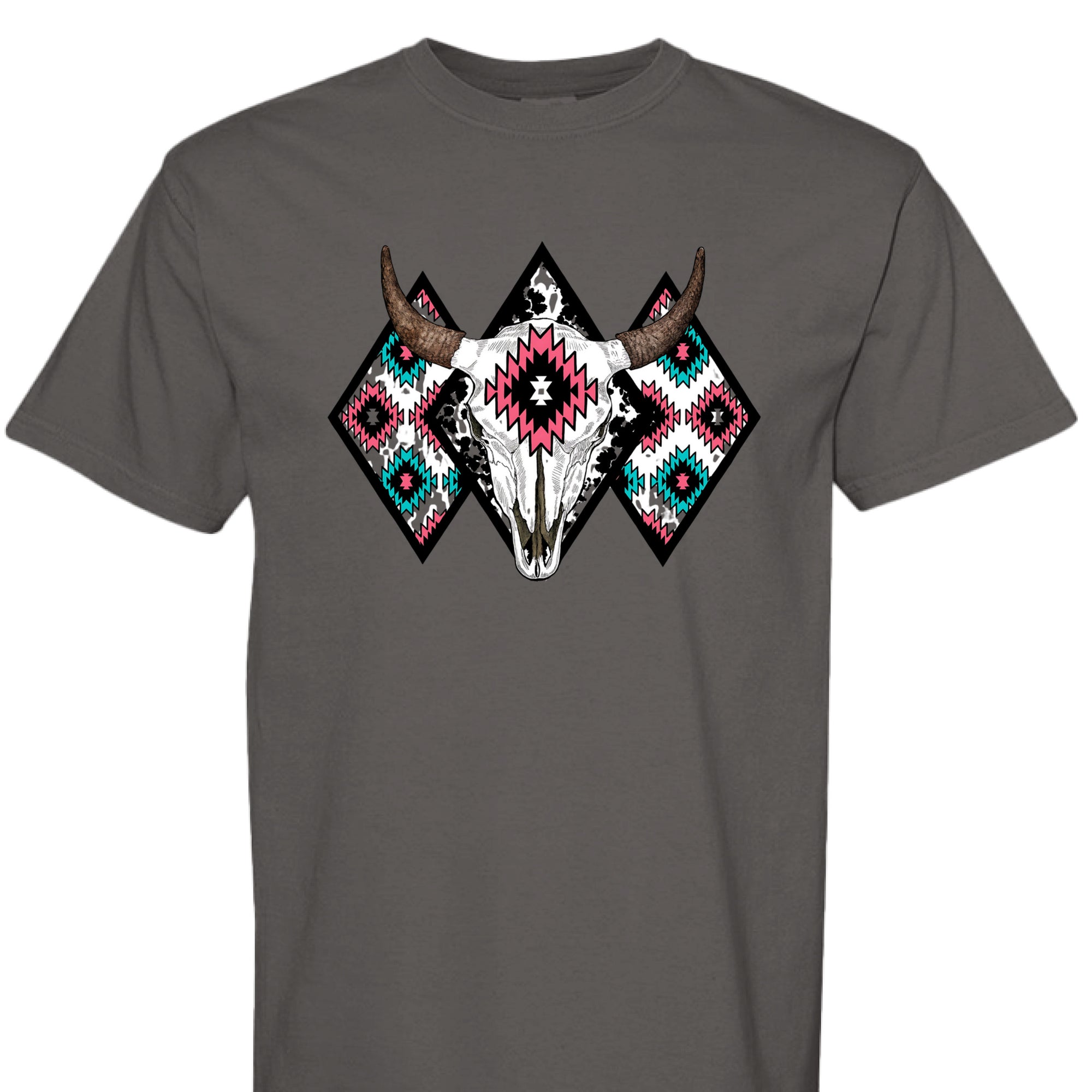 PEPPER - FRONT - Western graphic t-shirt featuring a bull skull with Aztec tribal diamond patterns in turquoise, pink, and black.