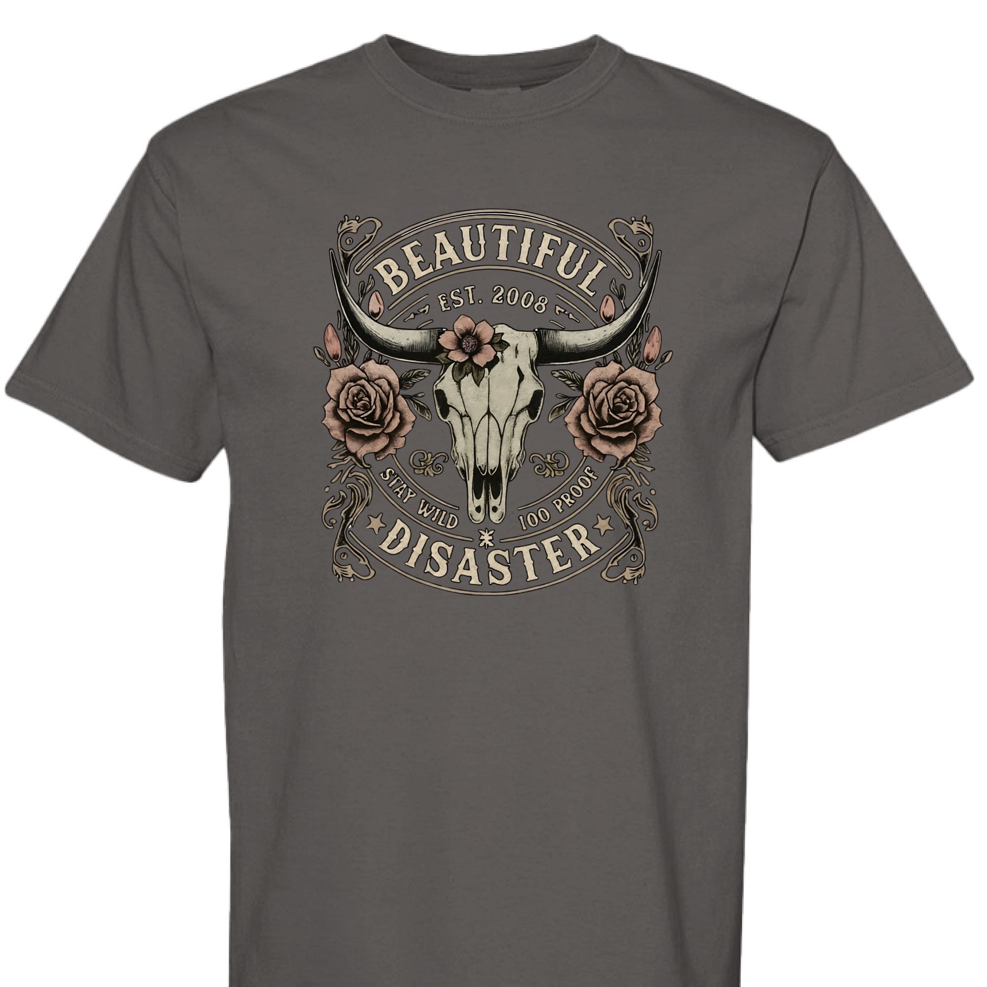 PEPPER - FRONT - Western graphic t-shirt featuring a longhorn skull with roses and text ‘Beautiful Disaster – Stay Wild 100 Proof.’ Vintage distressed design.
