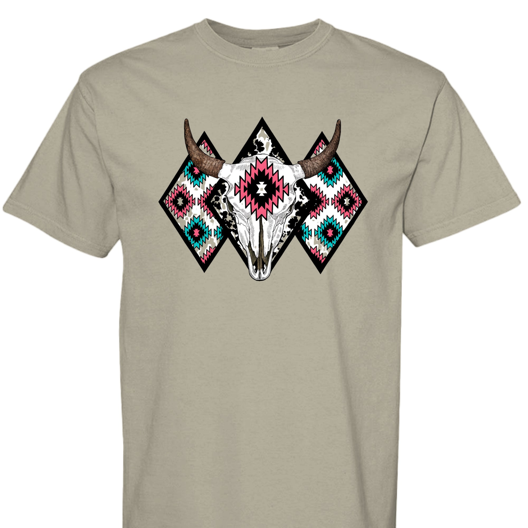 SANDSTONE - FRONT - Western graphic t-shirt featuring a bull skull with Aztec tribal diamond patterns in turquoise, pink, and black.