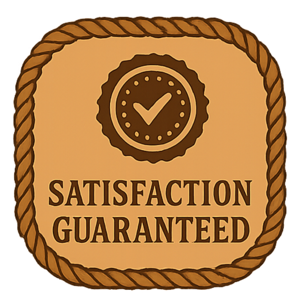 Brown 'Satisfaction Guaranteed' logo with a check mark on a white background