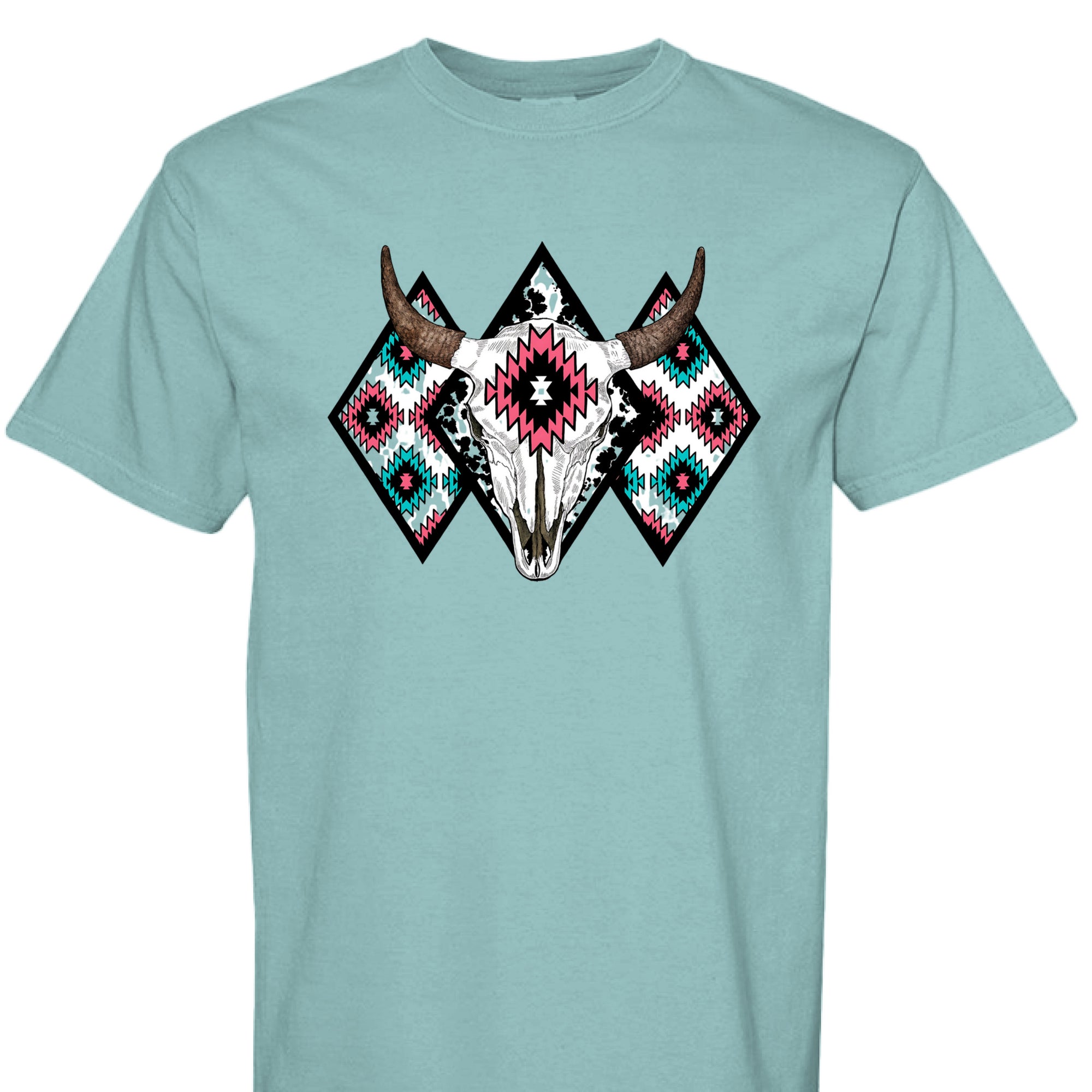 SEAFOAM - FRONT - Western graphic t-shirt featuring a bull skull with Aztec tribal diamond patterns in turquoise, pink, and black.
