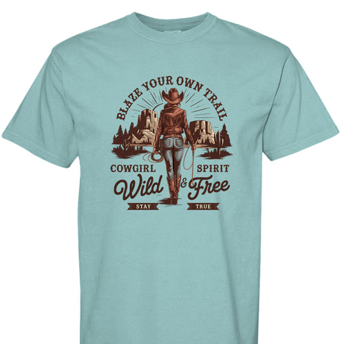 SEAFOAM - FRONT - Cowgirl graphic shirt with rope border, desert mountains, and text Blaze Your Own Trail Wild & Free.