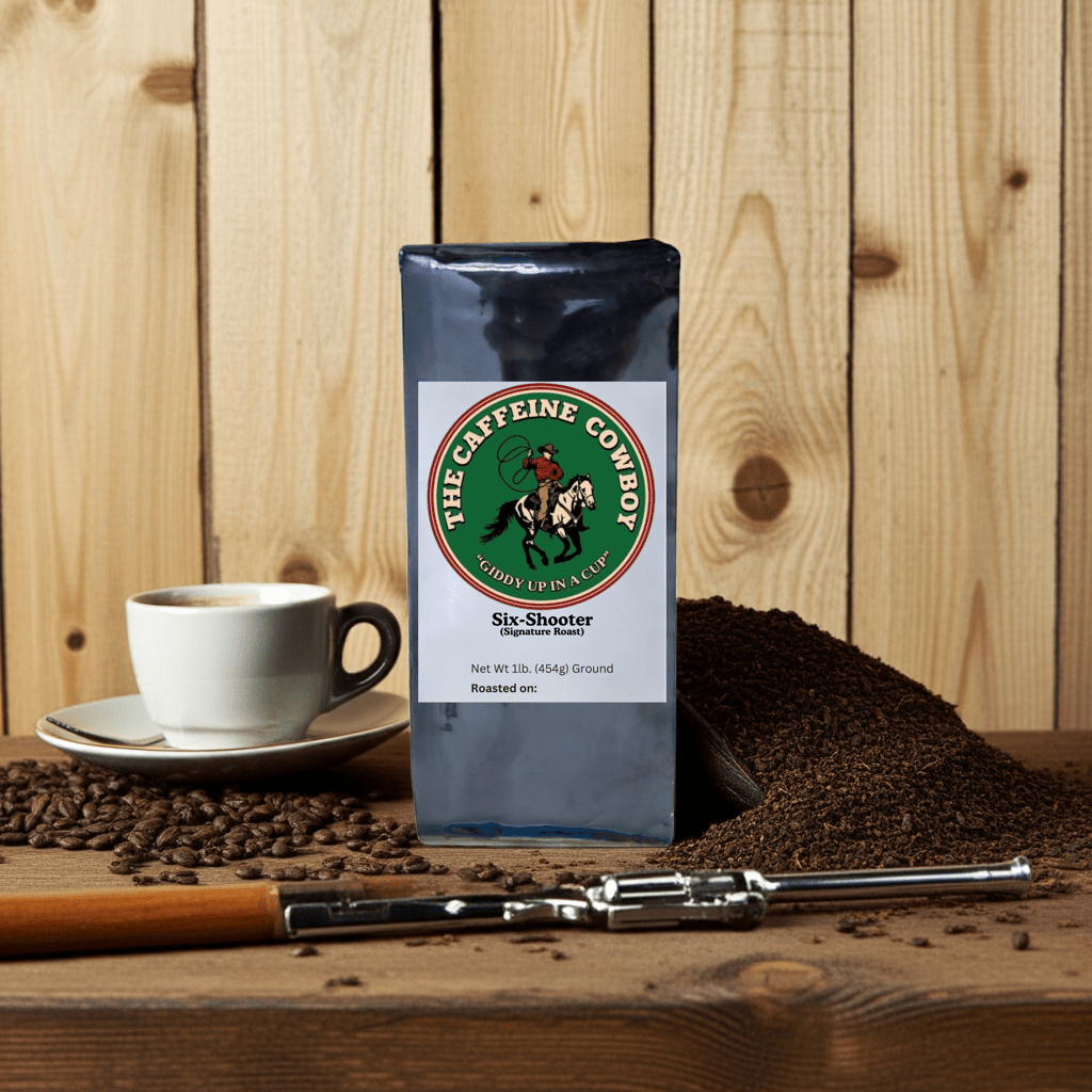 Six-Shooter Blend Dark Roast Cowboy Coffee bag with rich dark beans and bold aroma on a rustic burlap background.