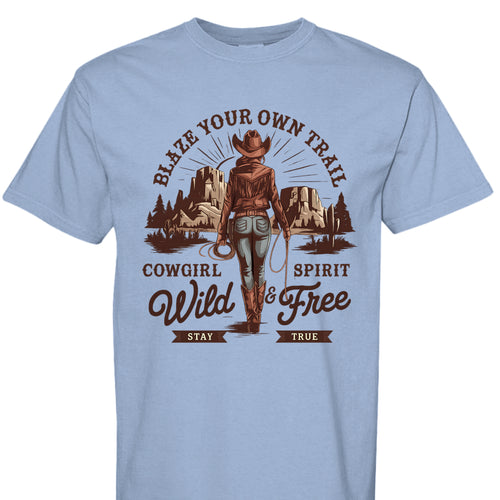 WASHED DENIM - FRONT - Cowgirl graphic shirt with rope border, desert mountains, and text Blaze Your Own Trail Wild & Free.