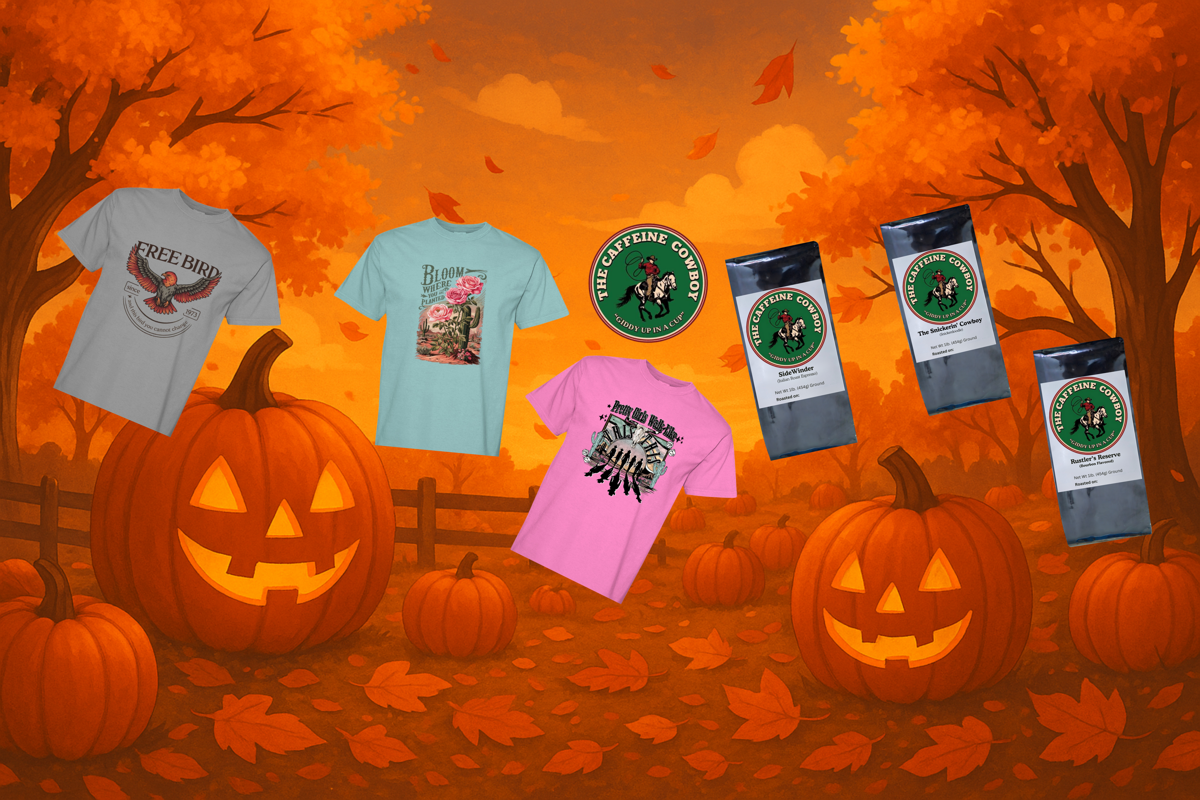 Halloween-themed products including t-shirts and coffee packages against an orange autumn background with pumpkins and trees.